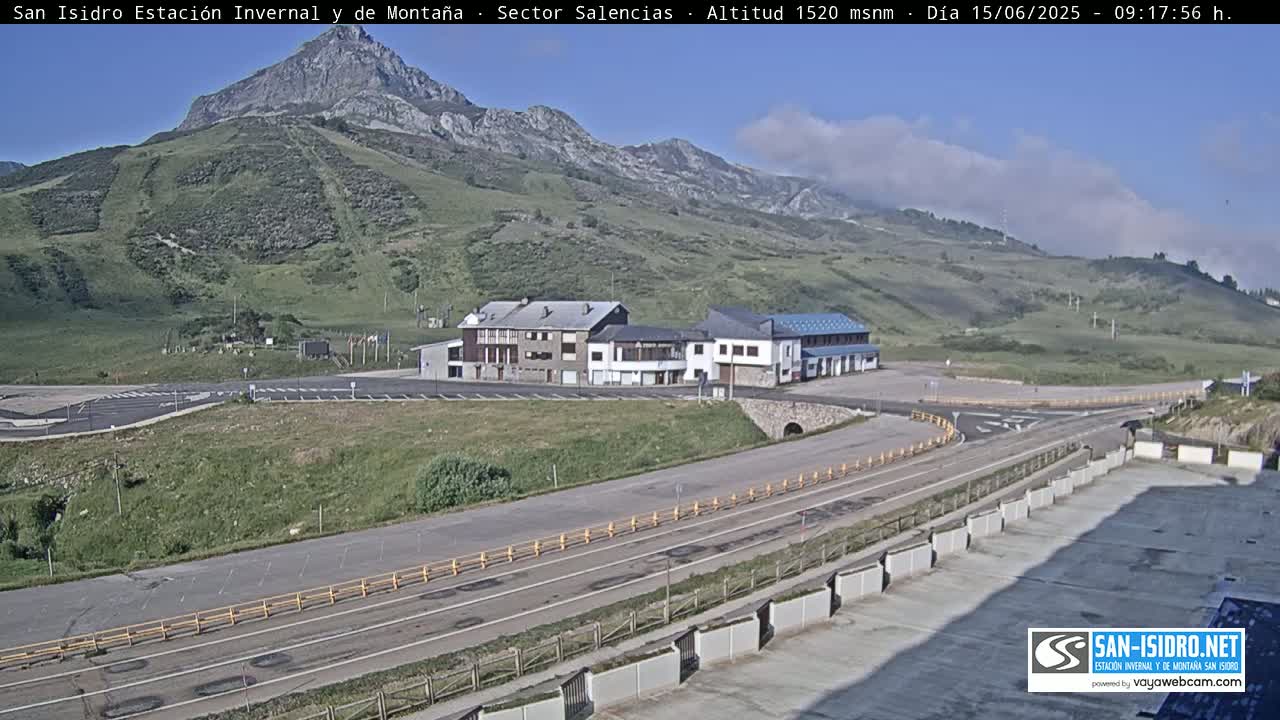 A mountainside parking lot with a few buildings, a road curving through it, and a partly cloudy sky.