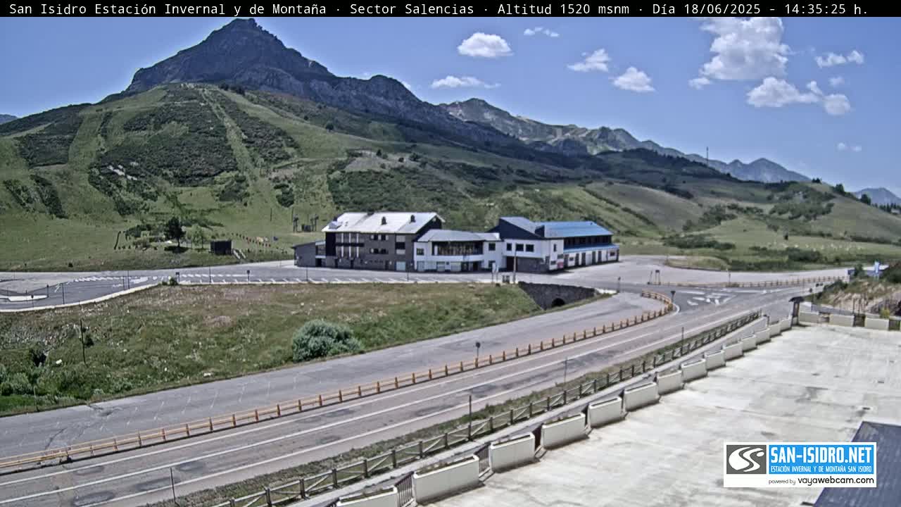 A mountain resort with buildings and parking lots is visible under a partly cloudy sky.