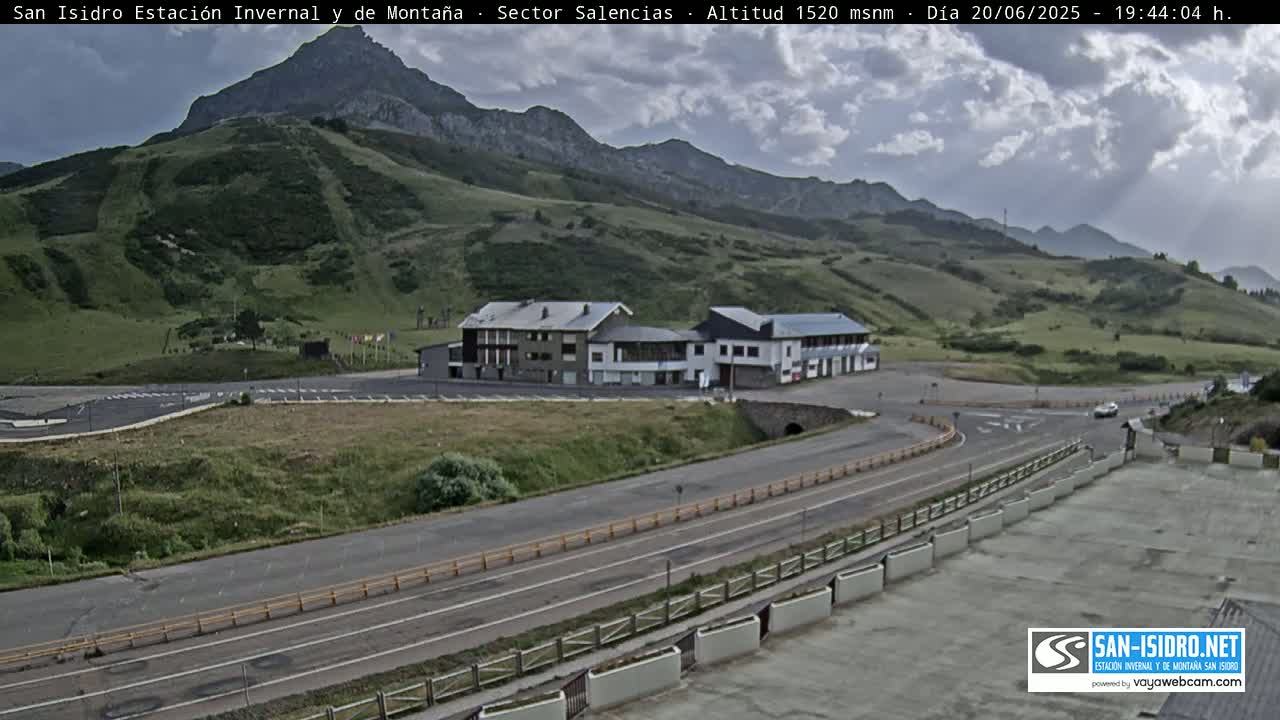 A mountaintop building complex with a parking lot and roads is visible under a partly cloudy sky.