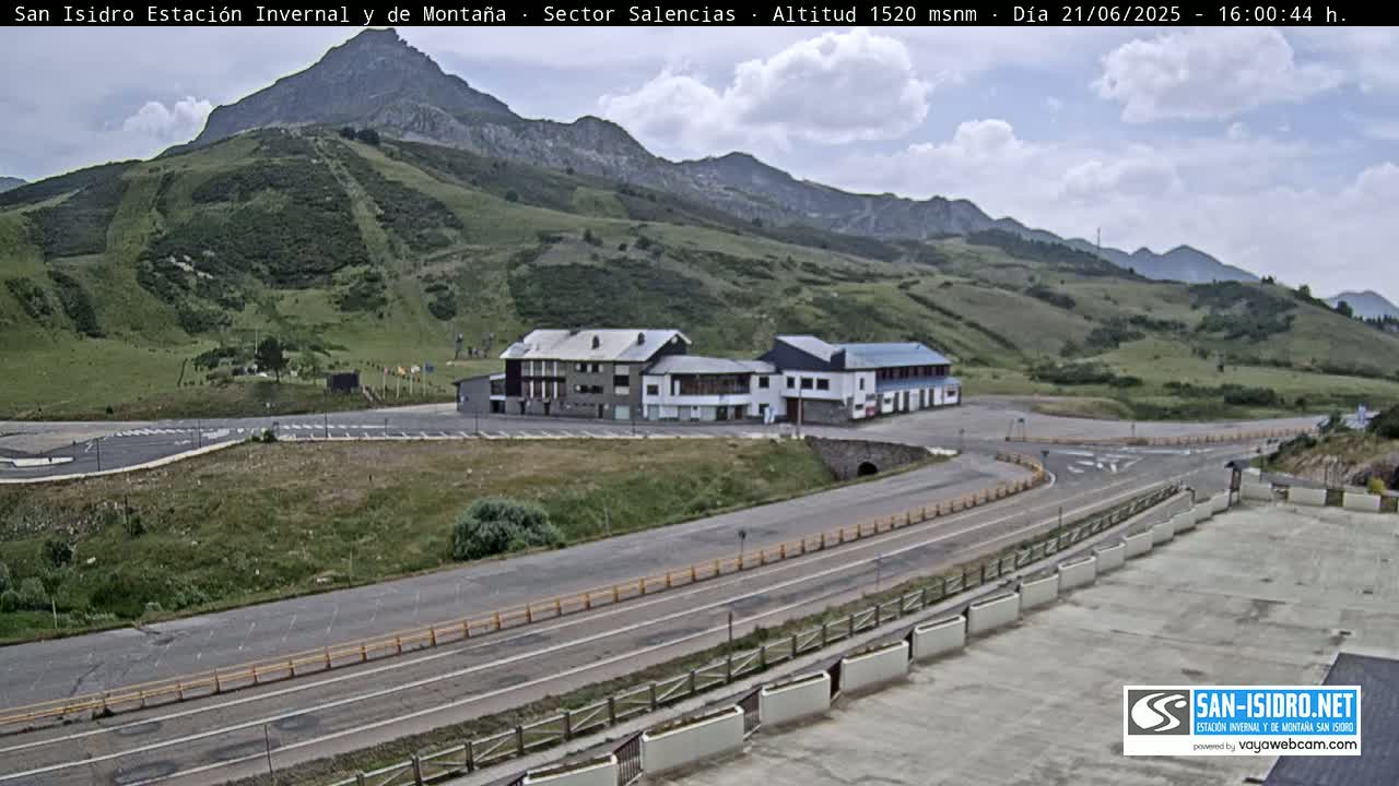 A mountainside parking area with a few buildings and roads under partly cloudy skies.