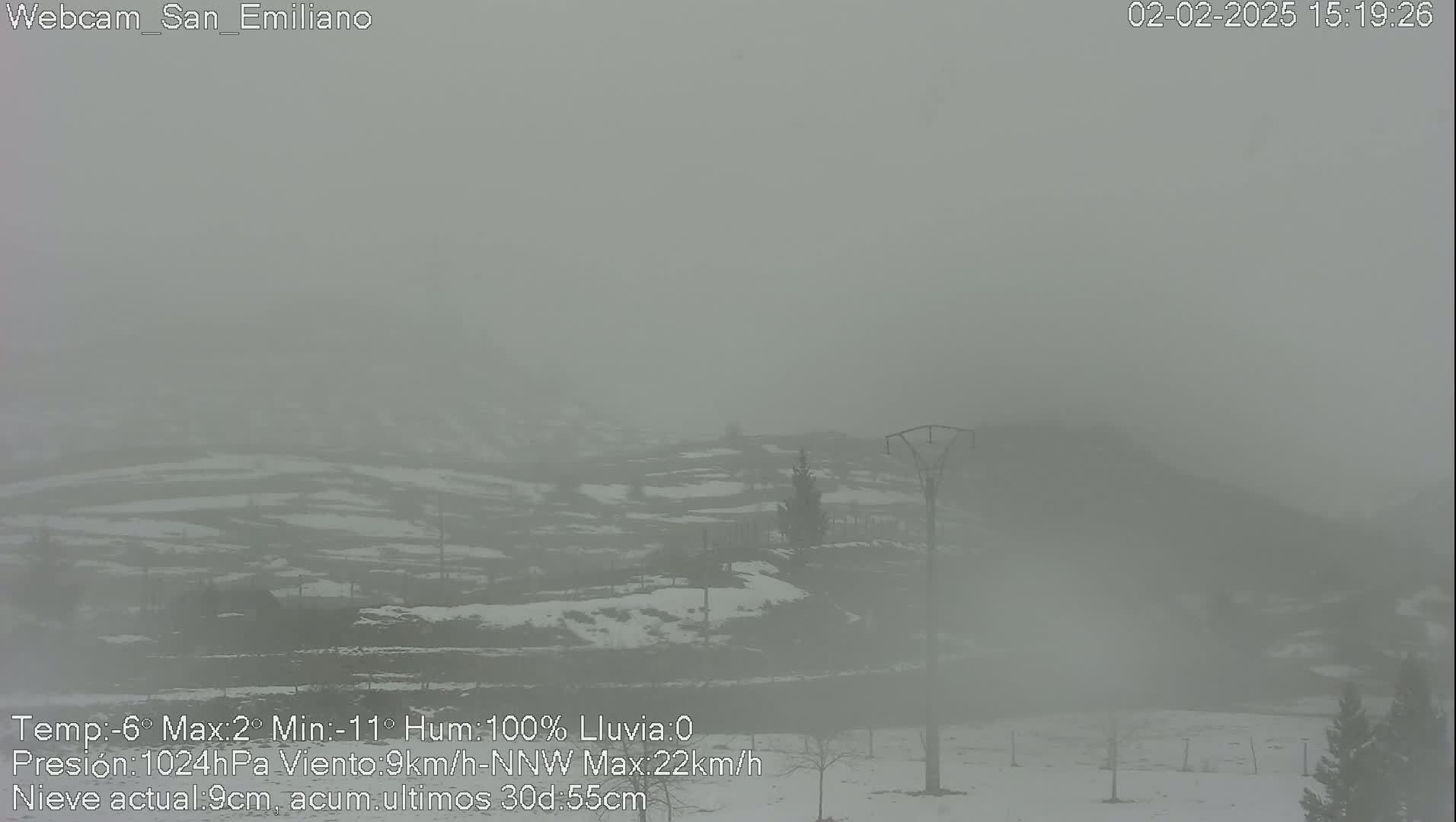A snow-covered landscape is shrouded in thick fog.