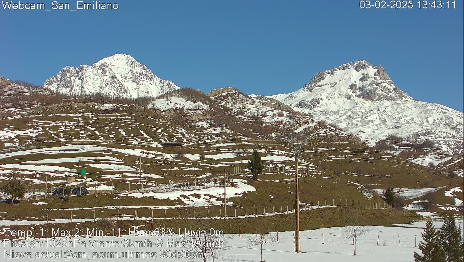 Two snow-capped mountains rise above a gently sloping, snow-dusted hillside under a clear blue sky.