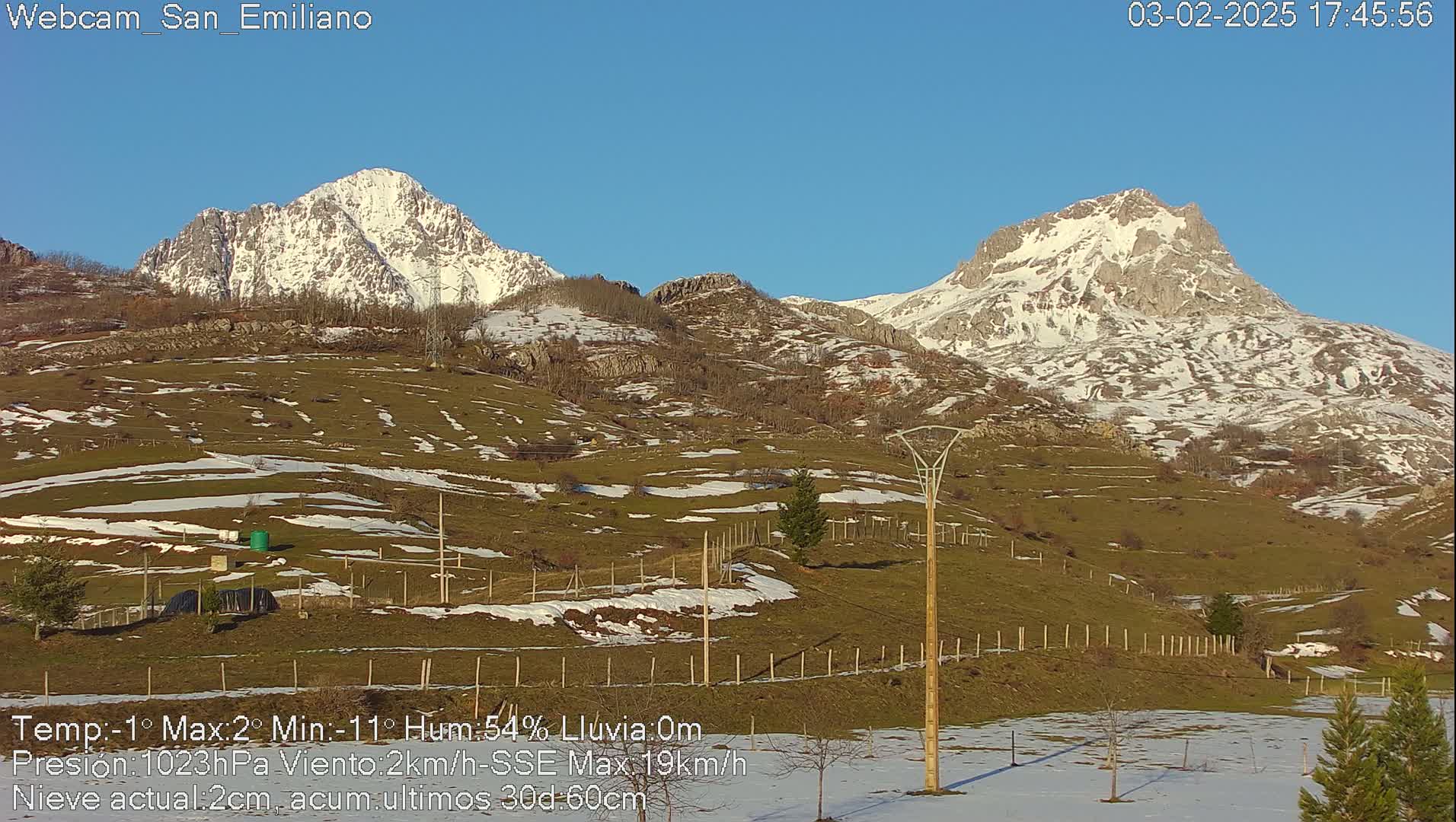 Snow-dusted mountains rise above a grassy field speckled with patches of snow under a clear blue sky.