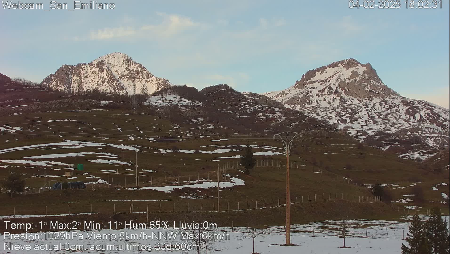 Two snow-capped mountains rise in the distance over a gently sloping field with patches of snow under a mostly clear sky.
