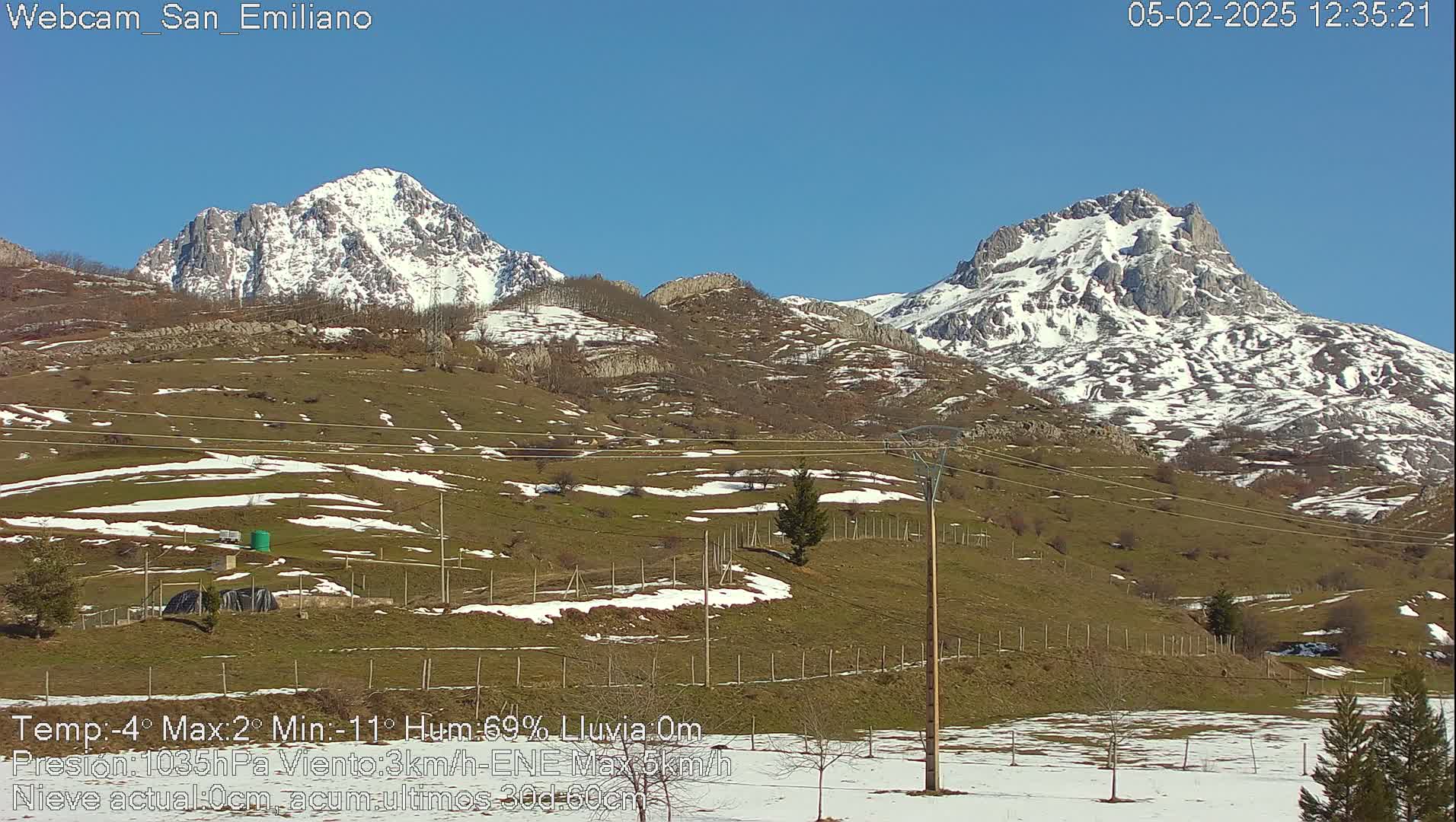 Two snow-capped mountains rise in the background of a hilly landscape with patches of snow on the ground under a clear blue sky.