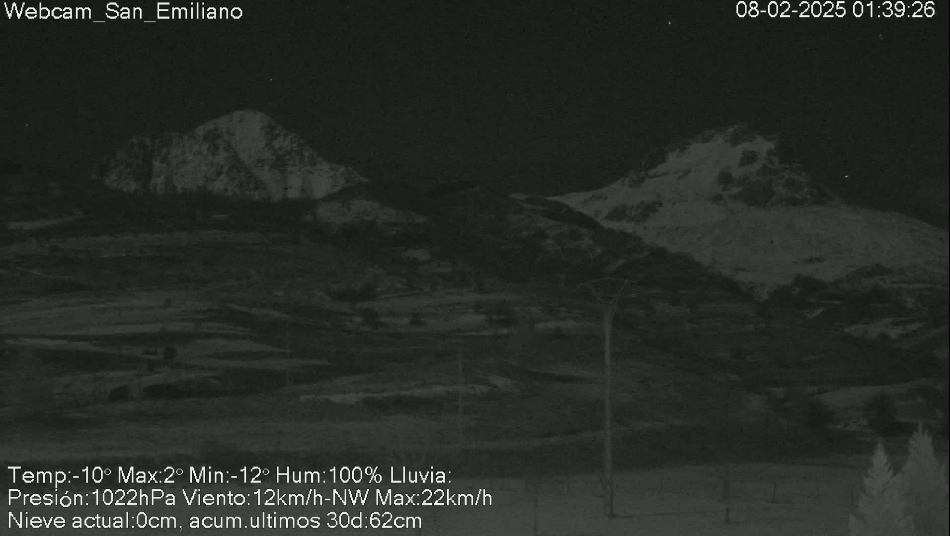 A nighttime view of snow-capped mountains under a dark, rainy sky.