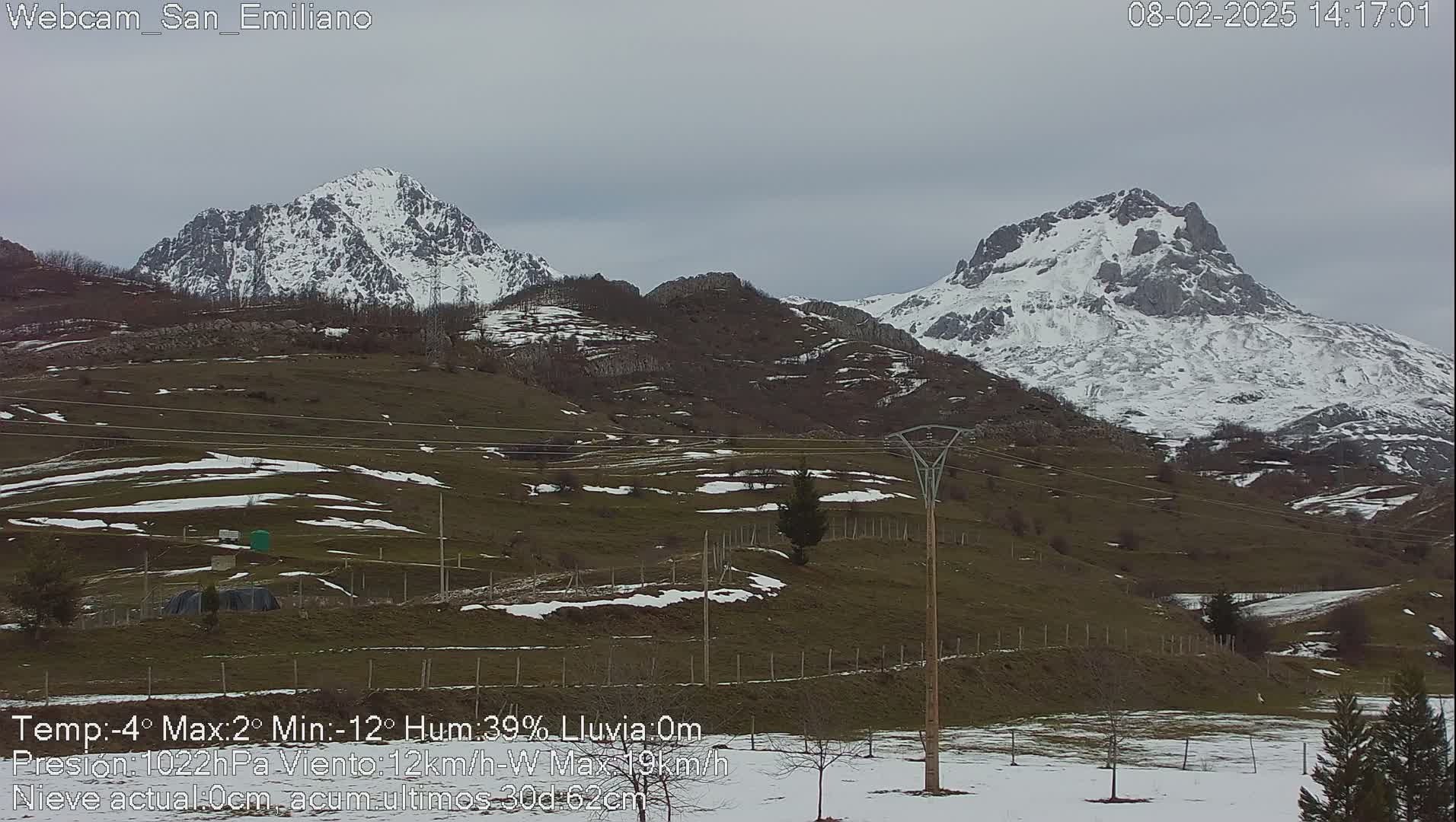 Two snow-capped mountains rise in the distance above a valley with patchy snow cover under an overcast sky.