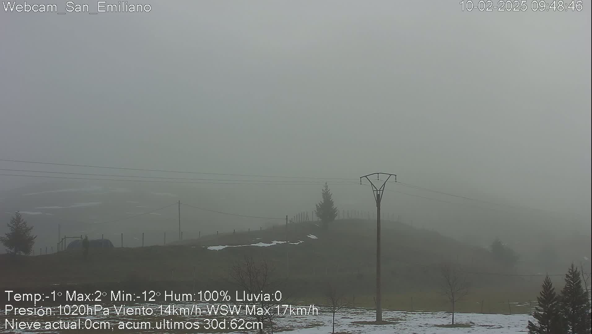 A foggy, snow-dusted landscape is visible, featuring a tall electricity pylon and sparse, low-lying vegetation.