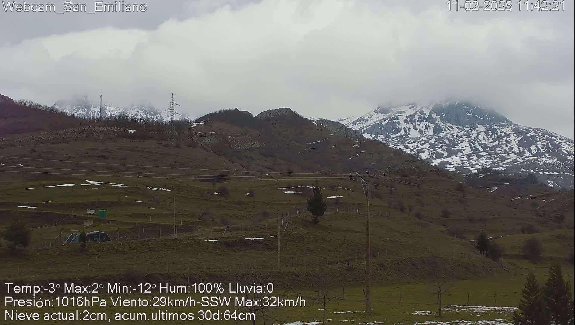 A snow-dusted mountain range is visible in the distance under an overcast sky, with a grassy hillside in the foreground showing patches of snow.