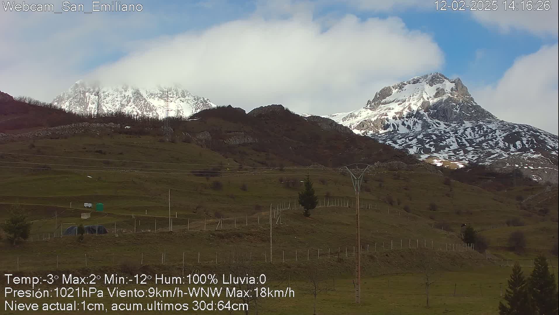 Snow-capped mountains rise in the background of a grassy hillside under a partly cloudy sky.