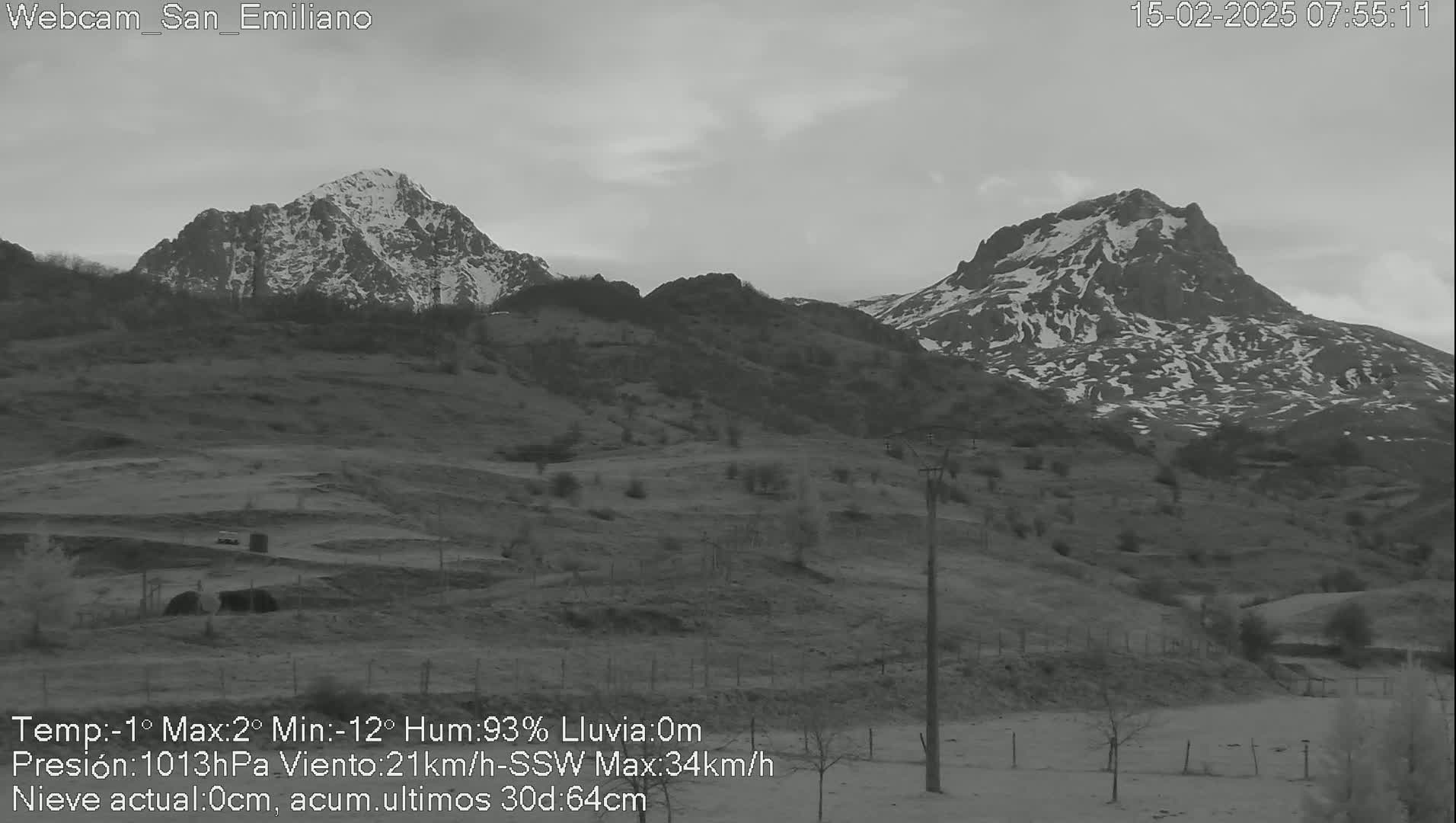 A grayscale view of snow-capped mountains under an overcast sky, with a valley in the foreground showing sparse vegetation.