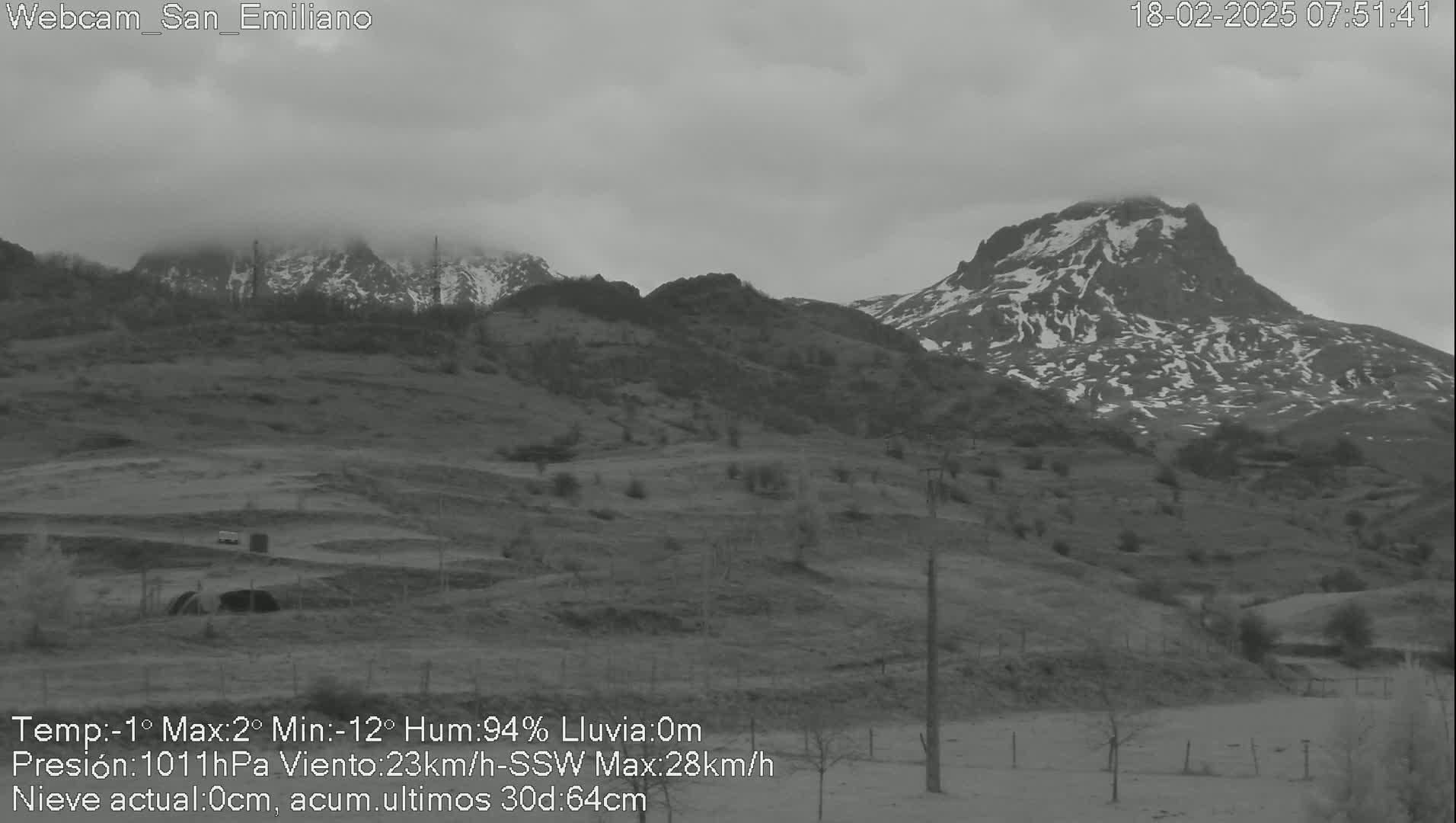 A grayscale view of snow-dusted mountains under an overcast sky, with a foreground of sparsely vegetated hills.