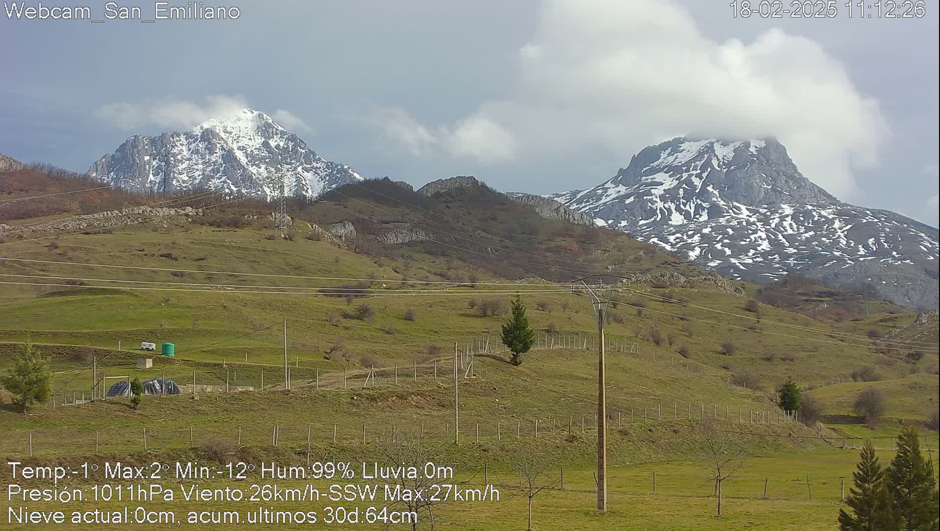 Two snow-capped mountains rise in the distance behind a gently sloping, green pasture under a partly cloudy sky.