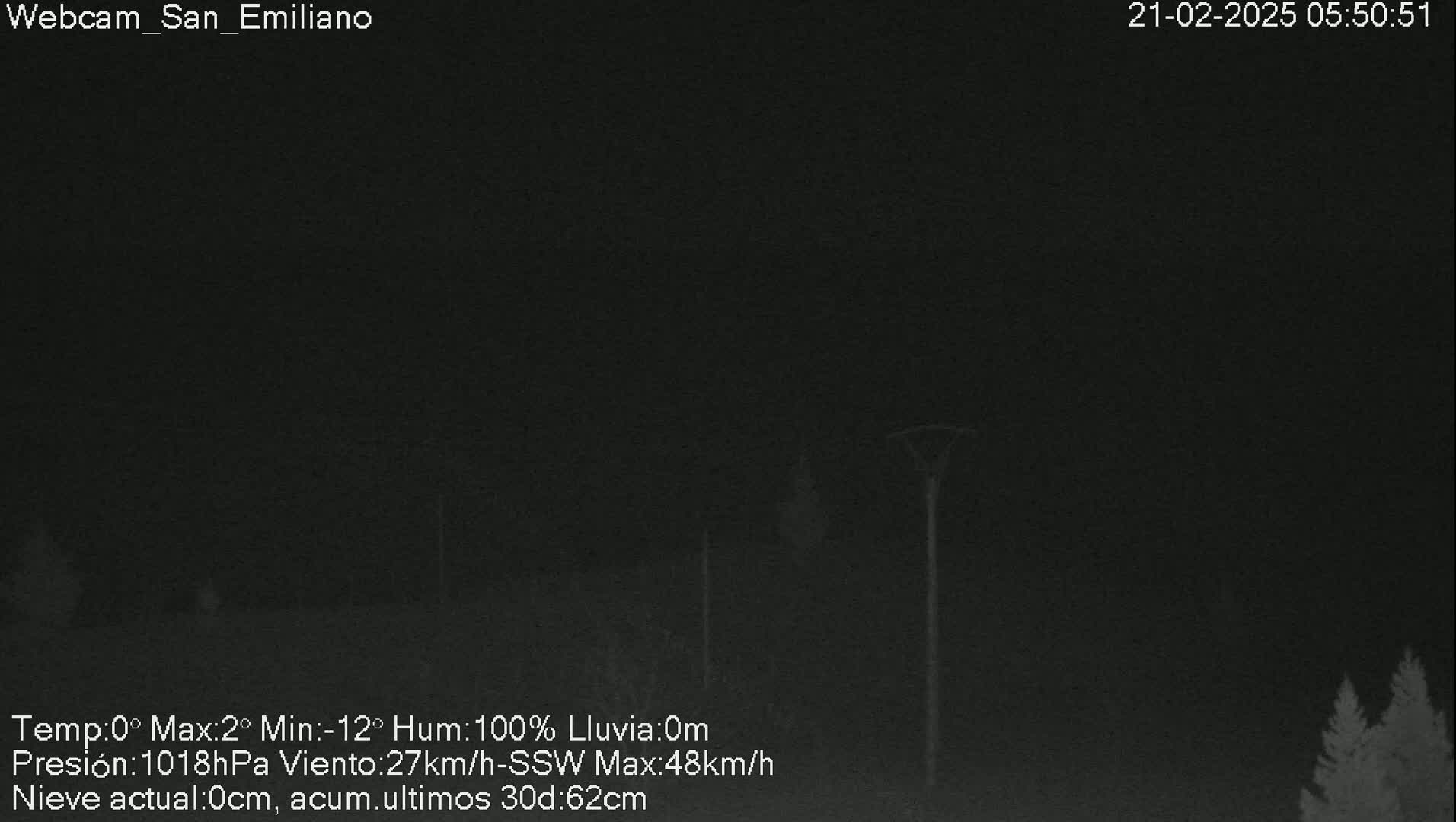 A dark nighttime scene shows a few indistinct trees and utility poles under a completely overcast sky.