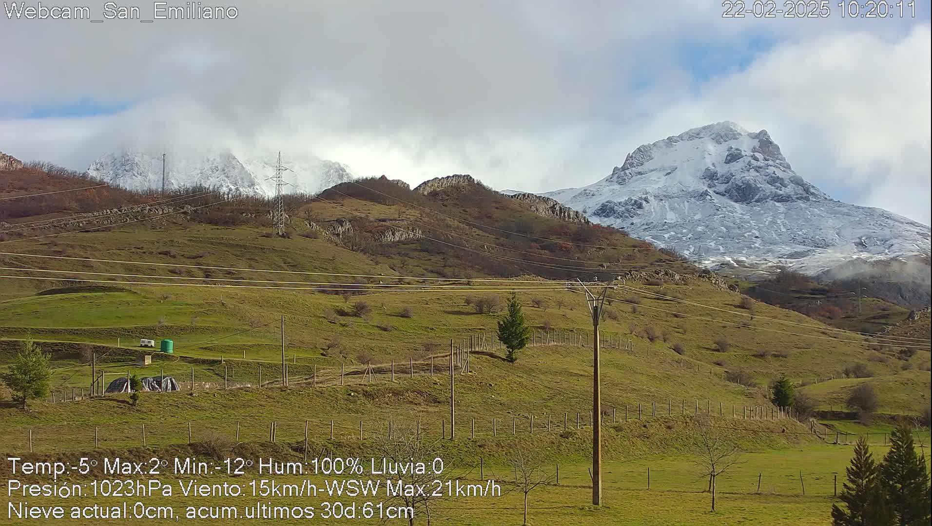 A snow-dusted mountain rises in the distance above a grassy hillside under a cloudy sky.