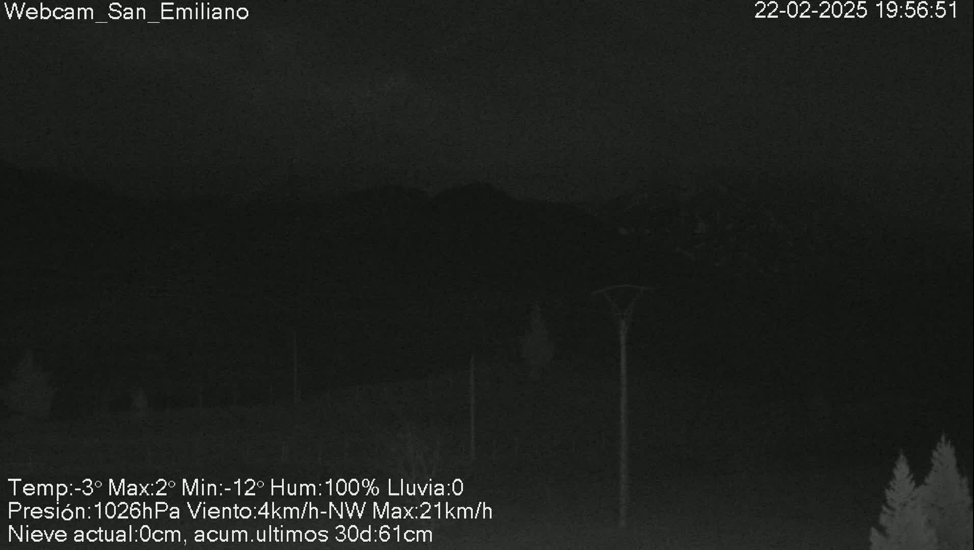 A nighttime, low-light outdoor scene shows a dark, mountain range under a cloudy sky with 100% humidity.