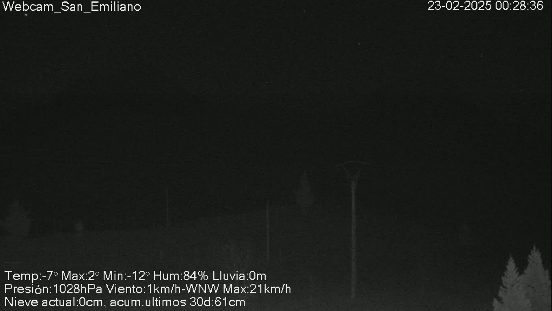 A nighttime, dark image shows a sparsely vegetated landscape under a cloudy sky with a slight wind.