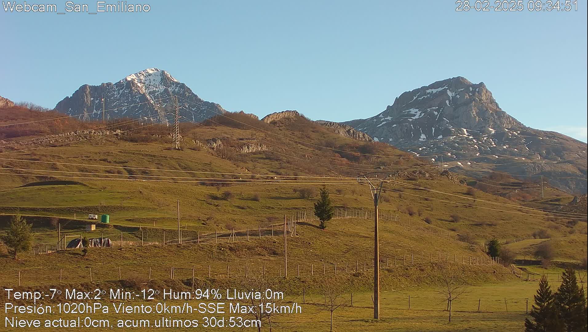 Two snow-capped mountains rise in the distance behind a hilly, grassy field under a clear blue sky.