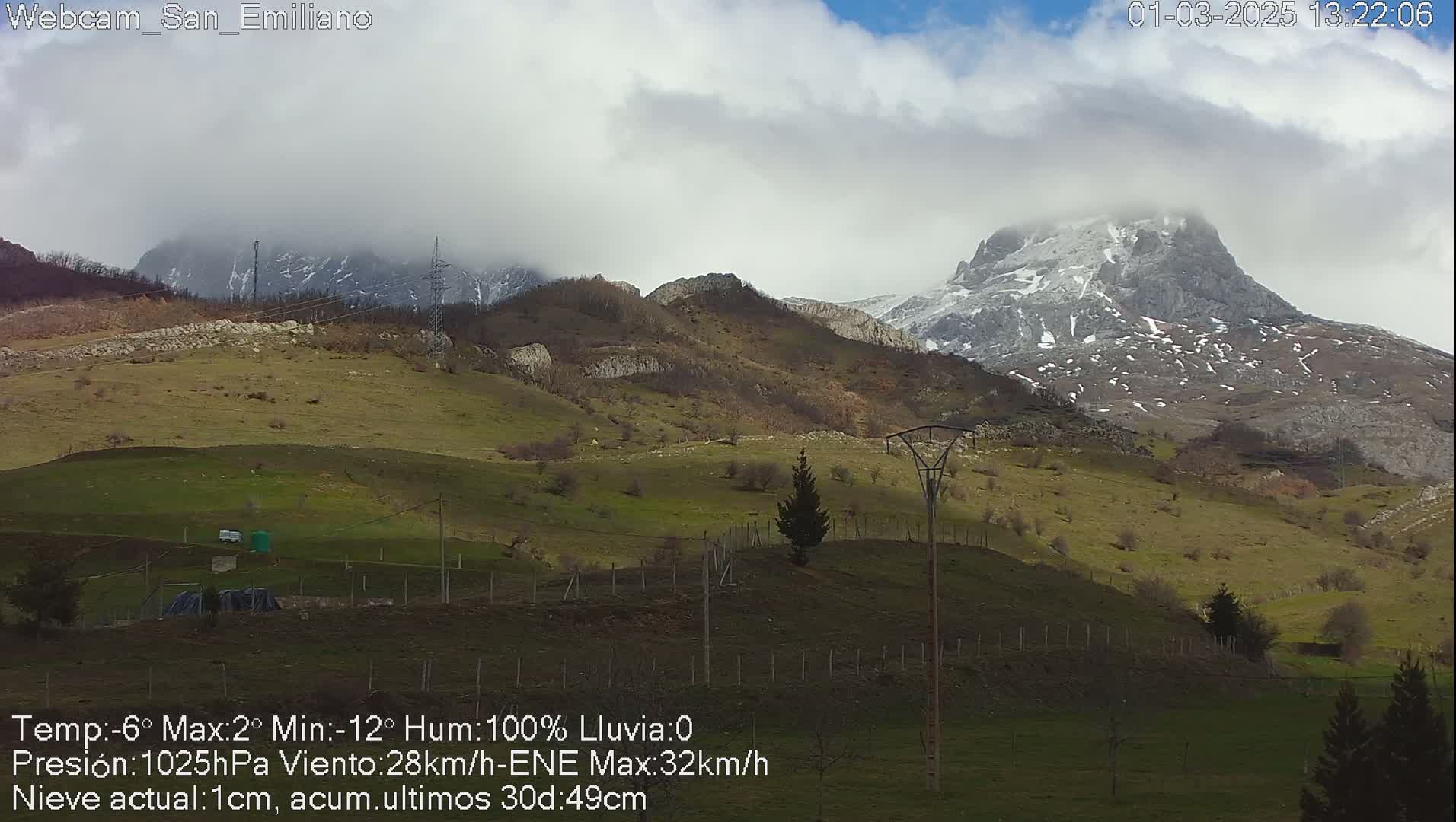 A snow-dusted mountain range is visible under a cloudy sky, with a green, hilly foreground featuring sparse trees and power lines.