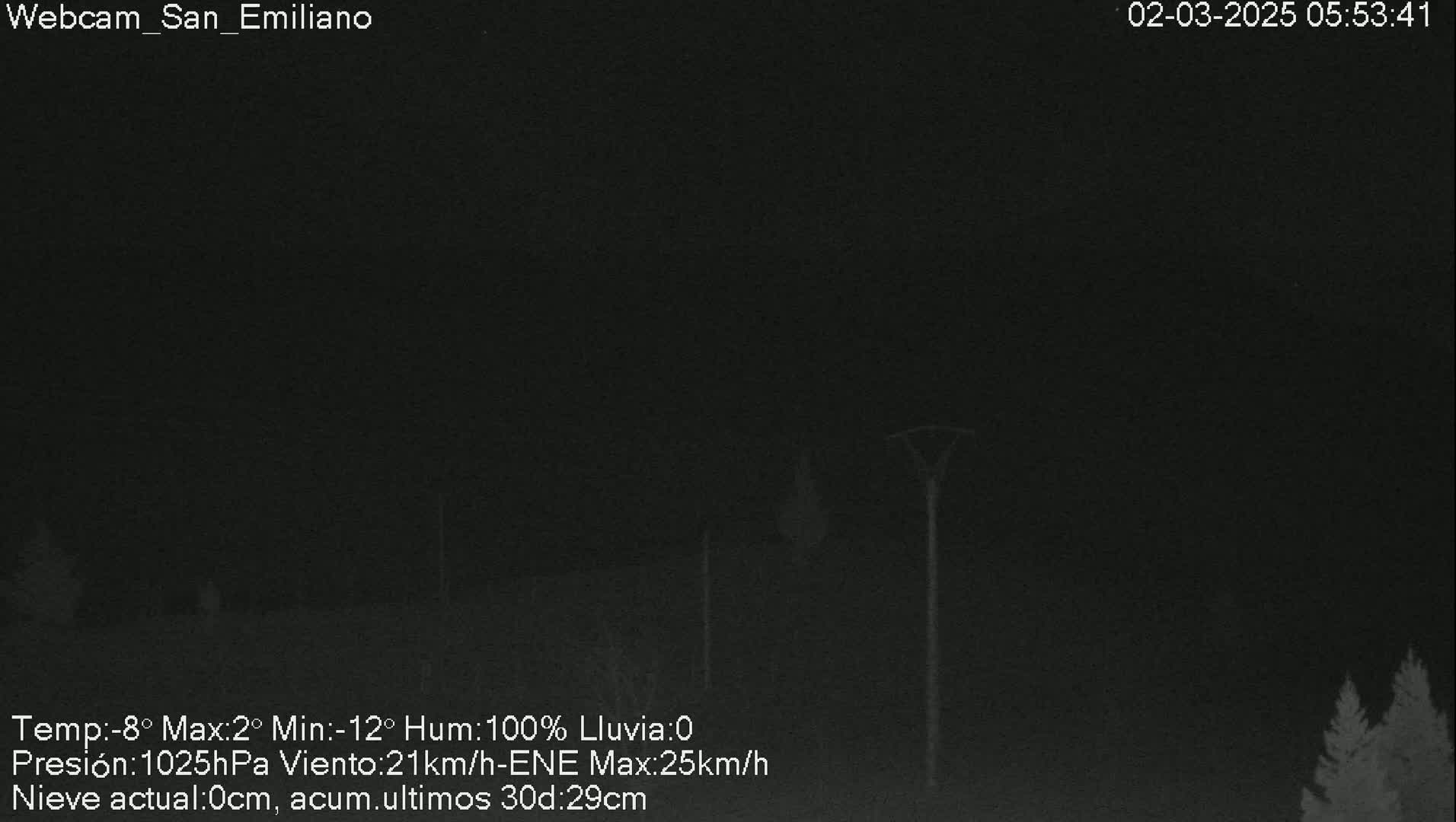 A nighttime, dark, outdoor scene shows a mostly obscured landscape under a 100% humidity sky with a 21km/h wind.