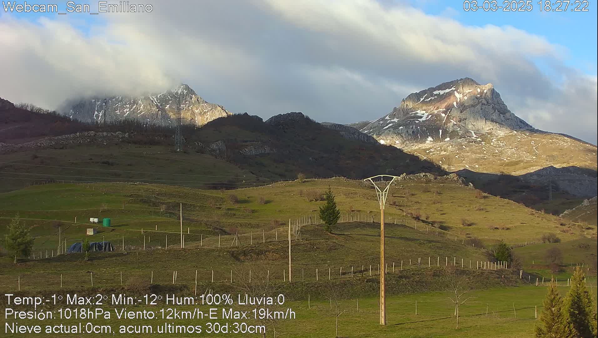 A partly cloudy day reveals snow-capped mountains in the distance, overlooking a grassy valley with a wooden utility pole.