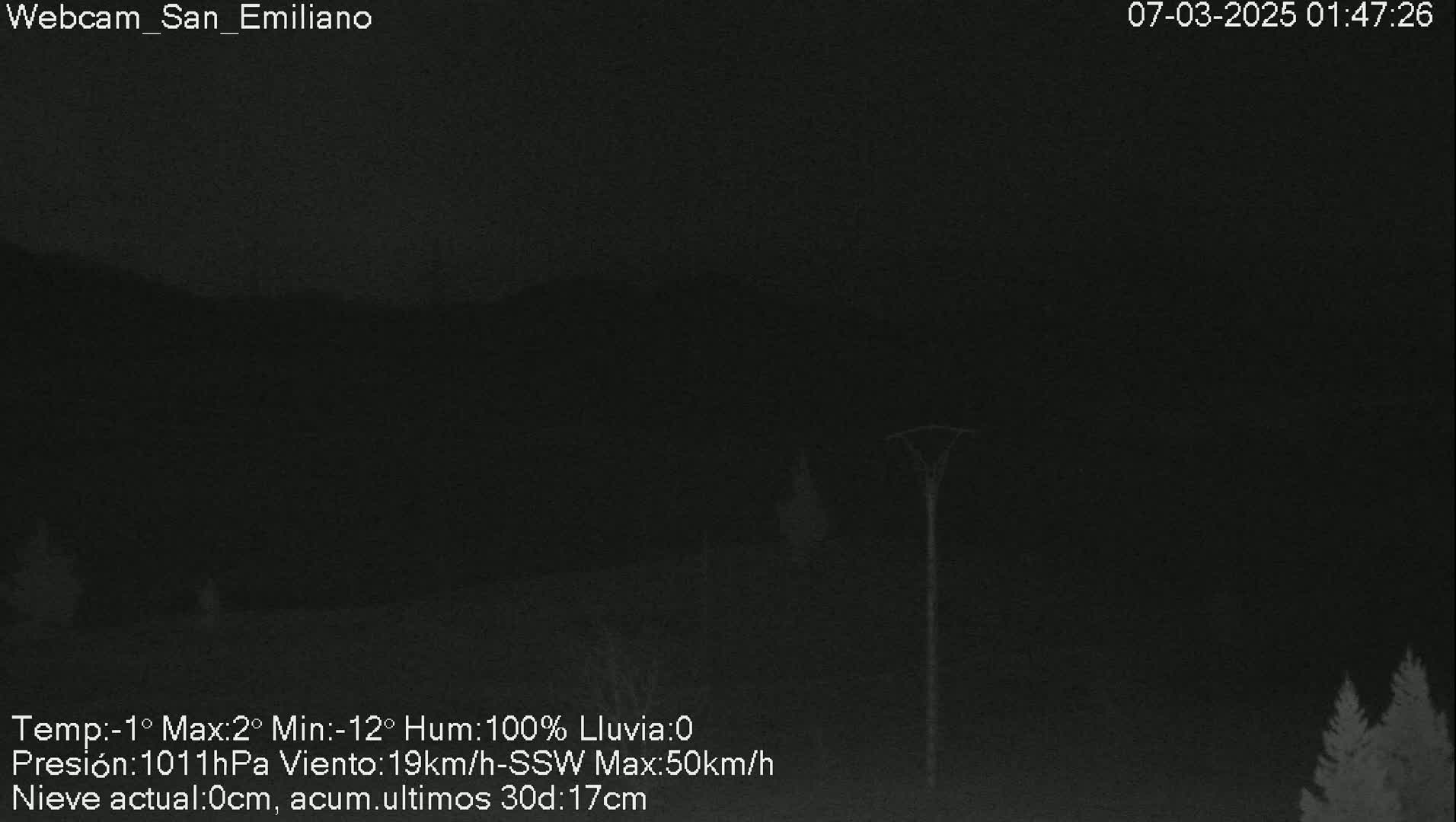 A dark, nighttime scene shows a mostly clear sky with a few distant trees and a lone utility pole under 100% humidity.