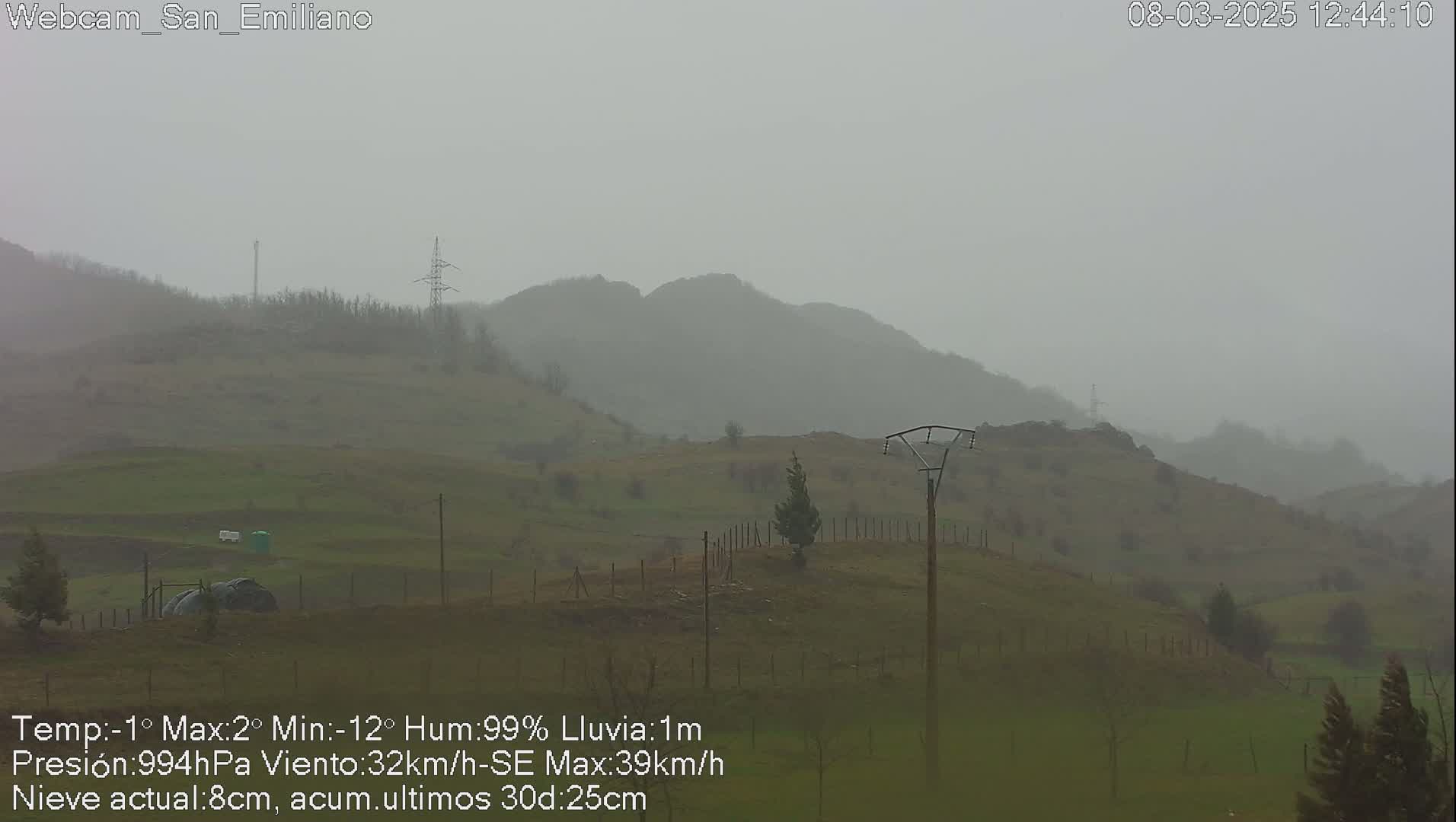 A hazy, rainy view of rolling green hills and a power line, under a gray sky.