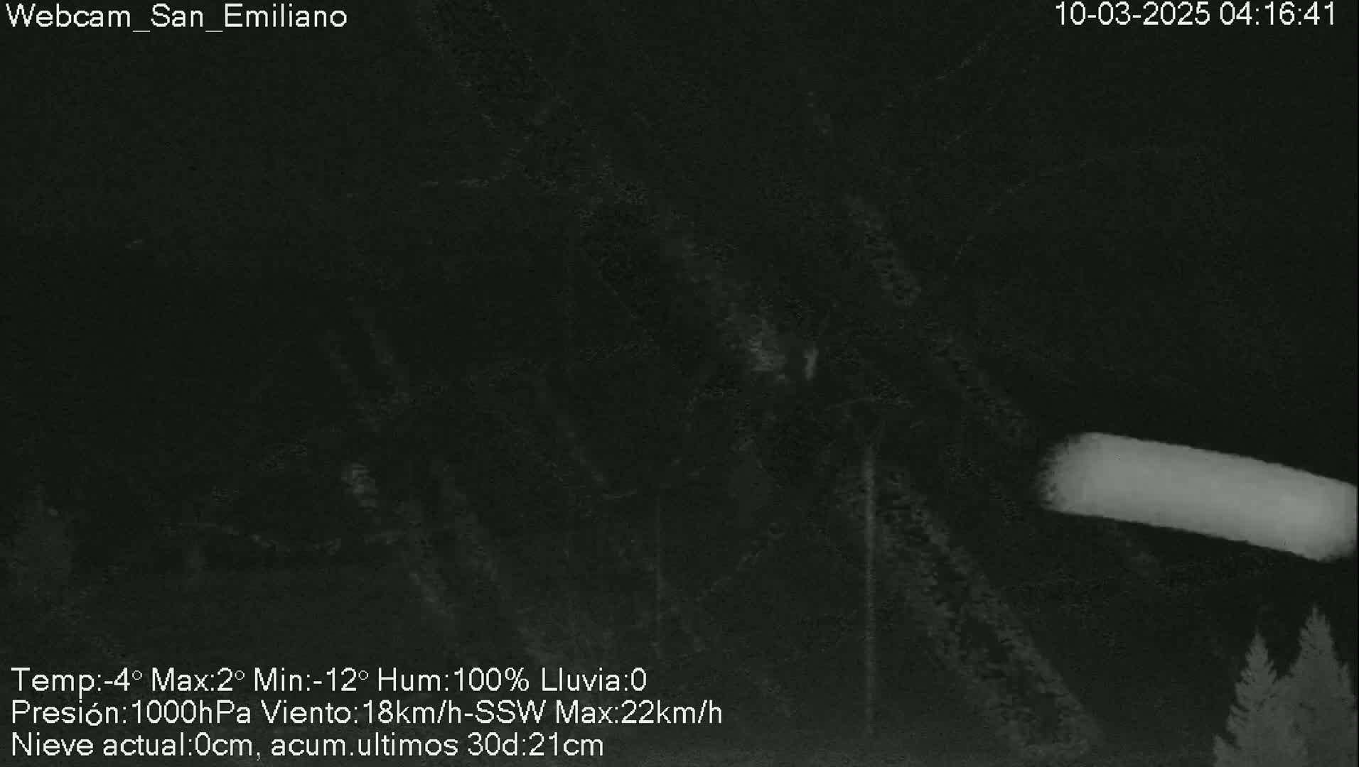 A nighttime, low-light image shows a dark, wooded area under a 100% humidity and rainy sky.
