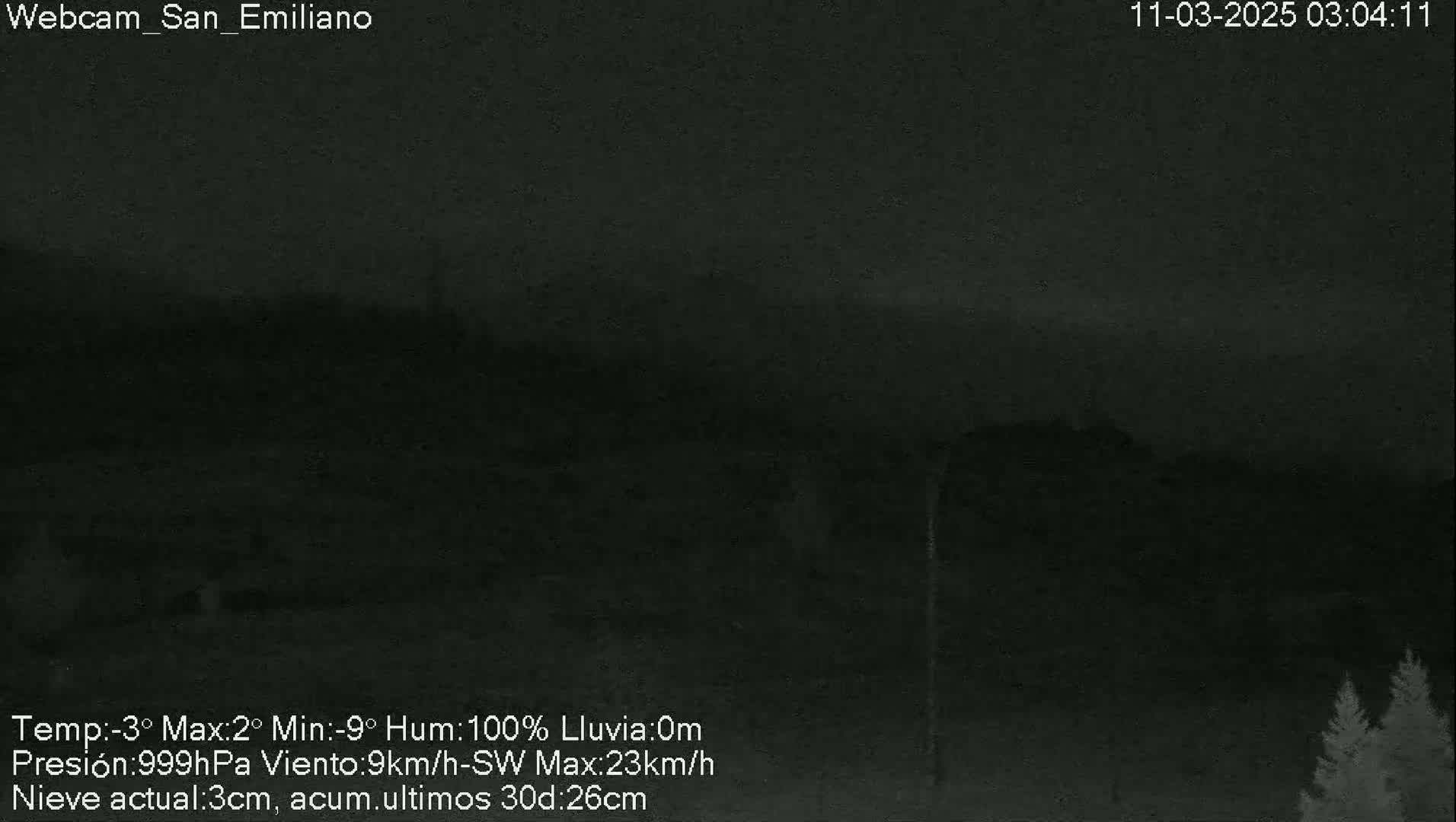 A dark, nighttime outdoor scene shows a dimly lit landscape under heavy overcast skies with a 3cm snowfall.