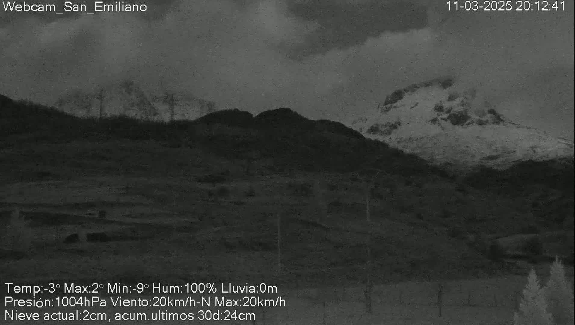 A nighttime view of snow-capped mountains under a cloudy sky.