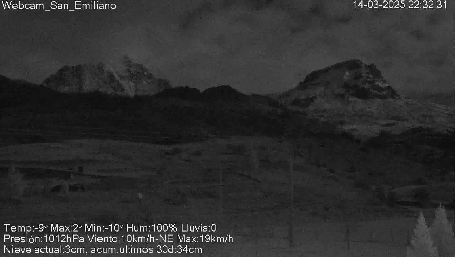 A nighttime, low-light view of snow-covered mountains under a dark, cloudy sky.