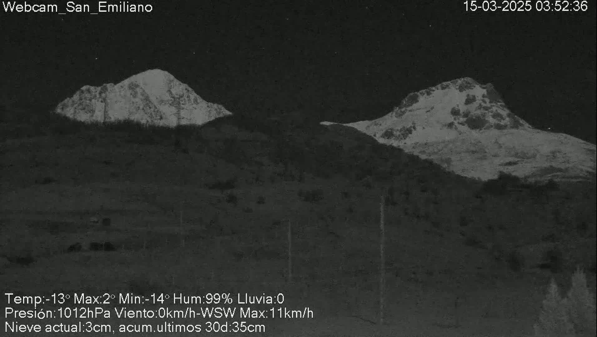 A nighttime, low-light view of two snow-capped mountains under a dark sky.