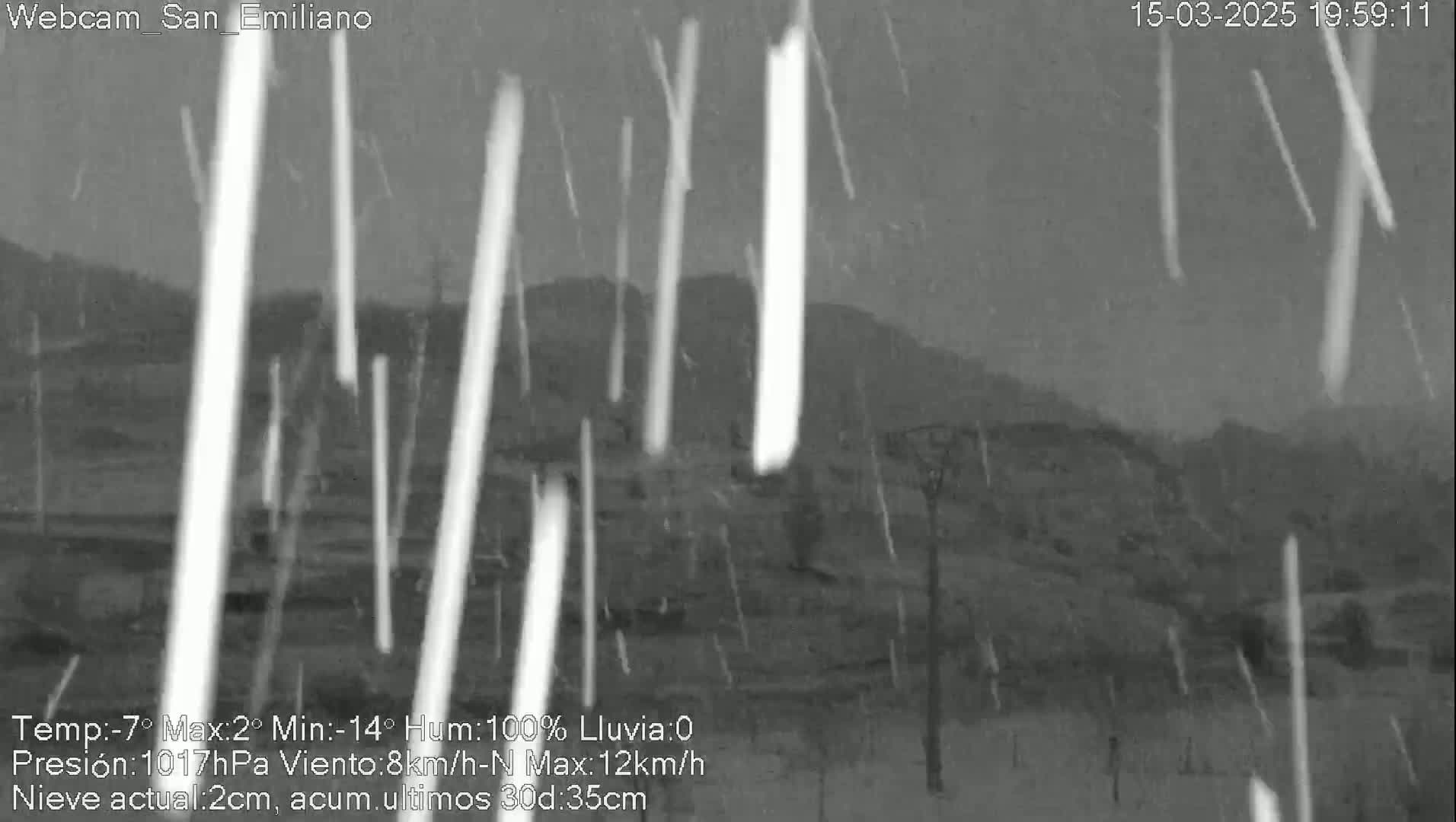 A grayscale image shows snow falling in front of a hilly landscape at night.