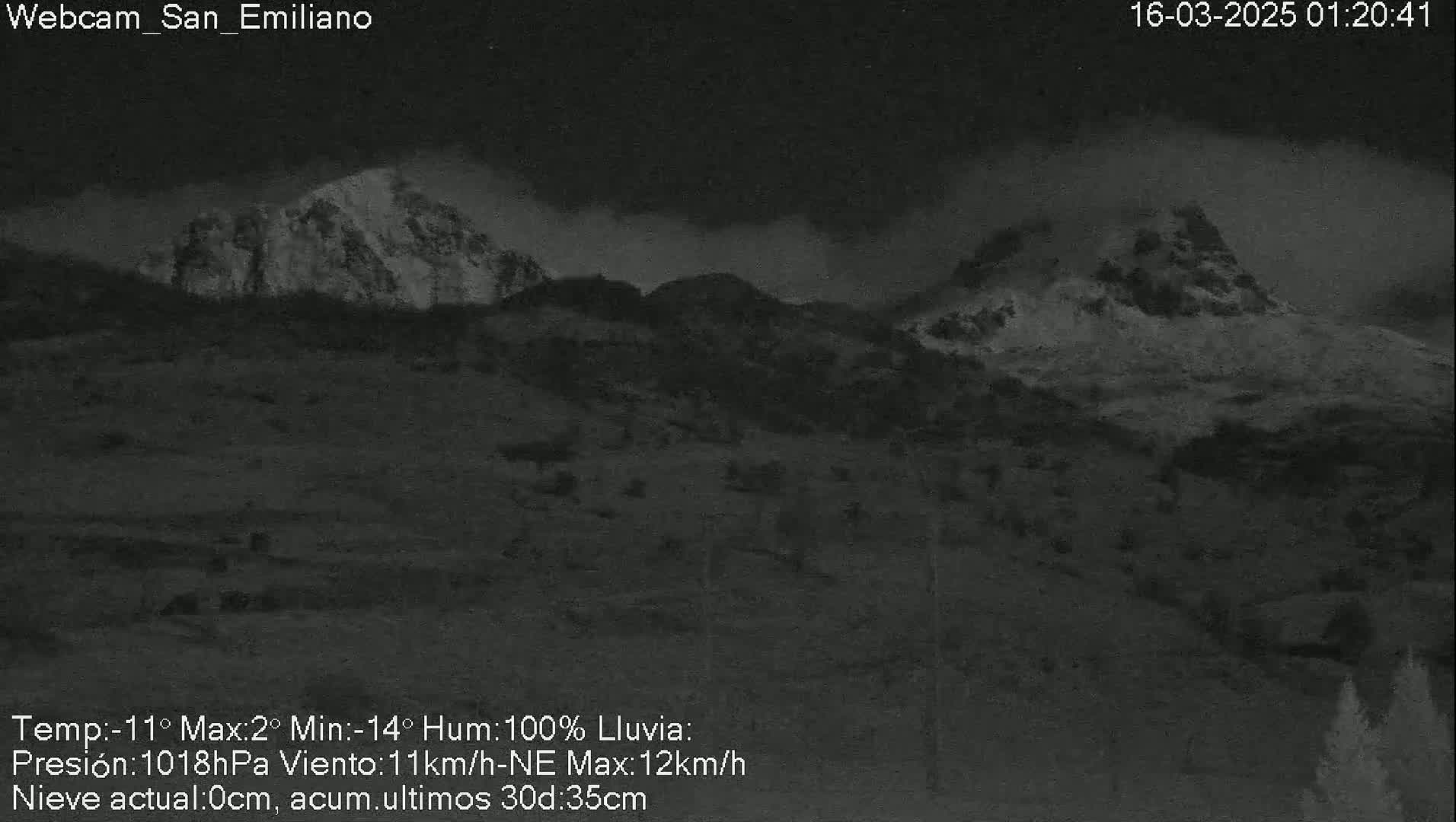A nighttime, low-light view of snow-capped mountains under a cloudy, rainy sky.