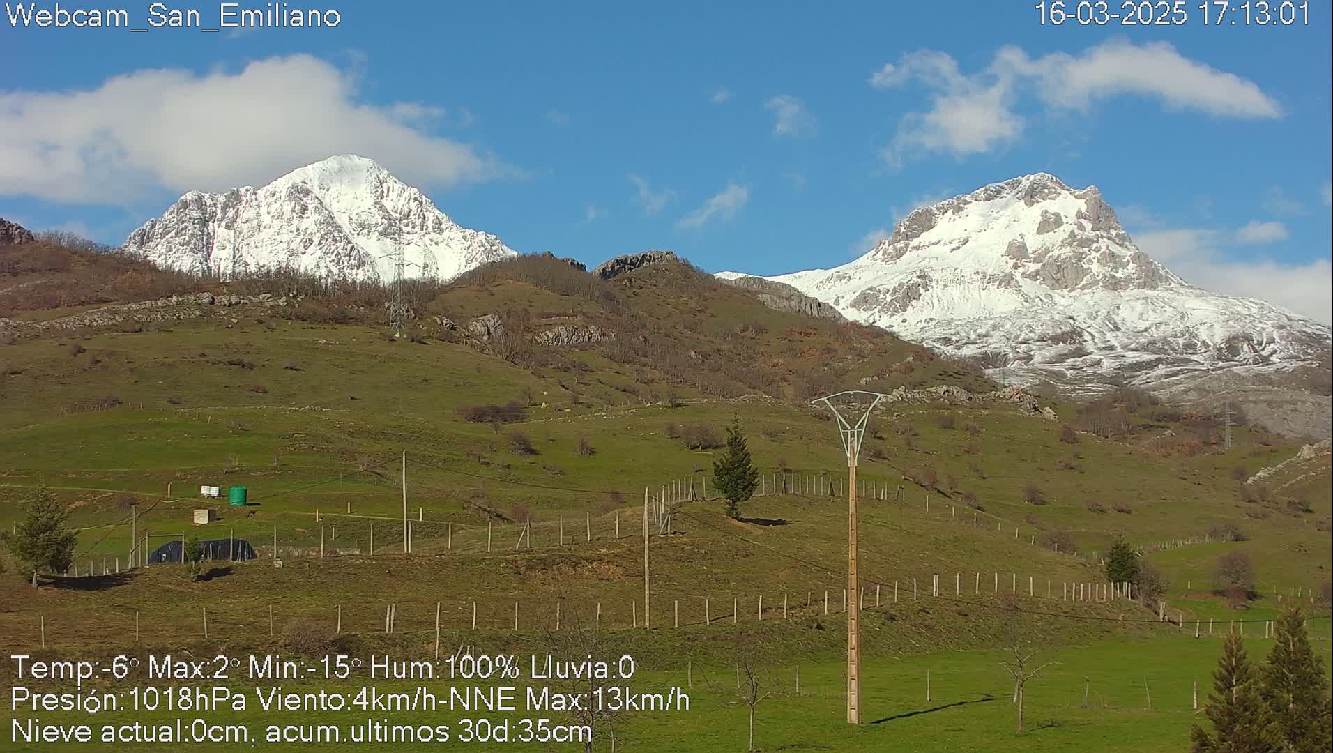 Snow-capped mountains rise in the background of a sunny, green pasture, under a mostly clear blue sky.