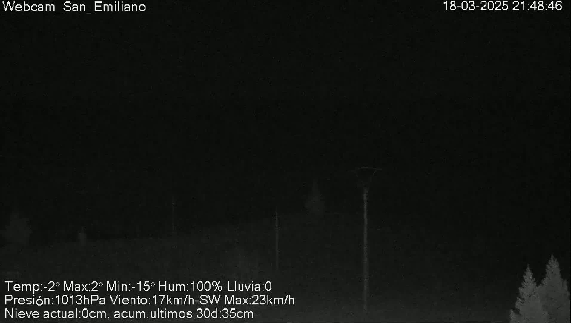 A dark nighttime scene shows a few silhouetted trees under a cloudy sky with a 100% humidity and a wind blowing from the southwest.