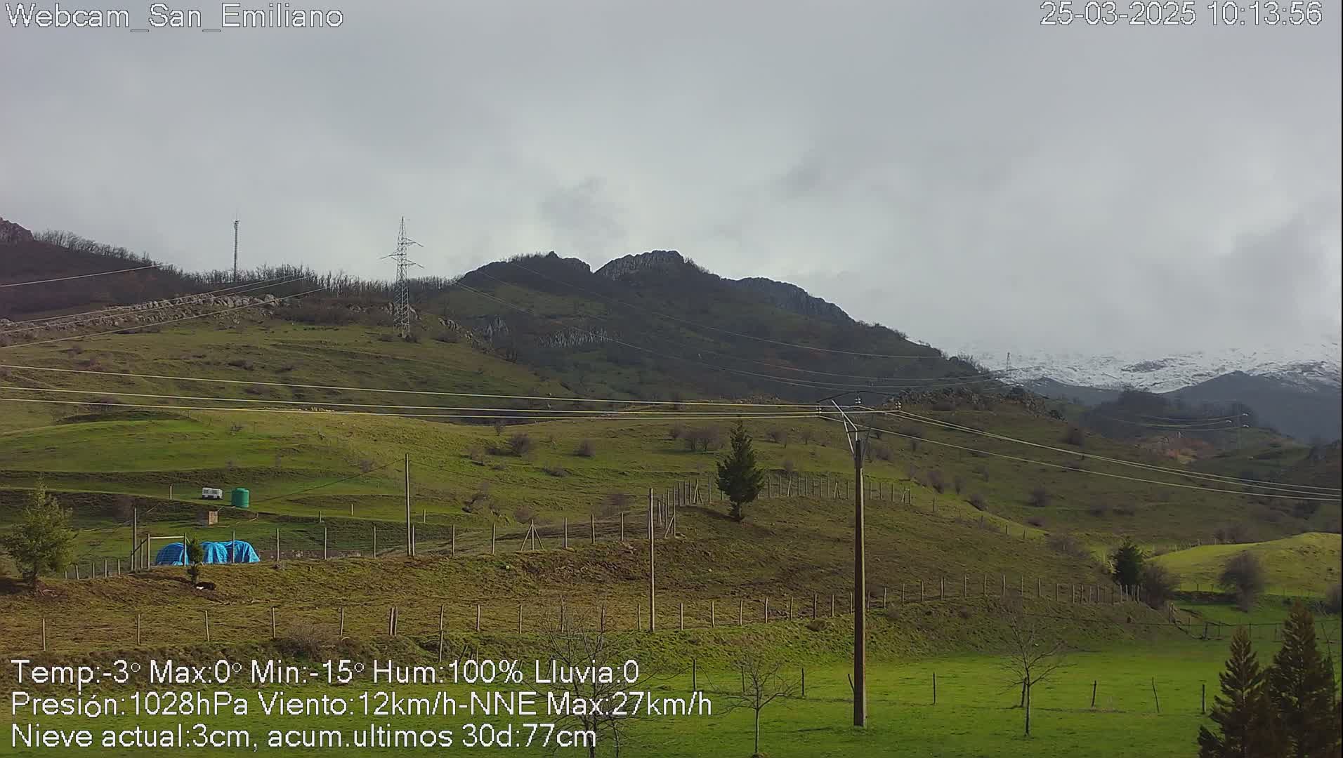 A view of a green hilly landscape under an overcast sky, with distant snow-capped mountains and power lines crisscrossing the foreground.