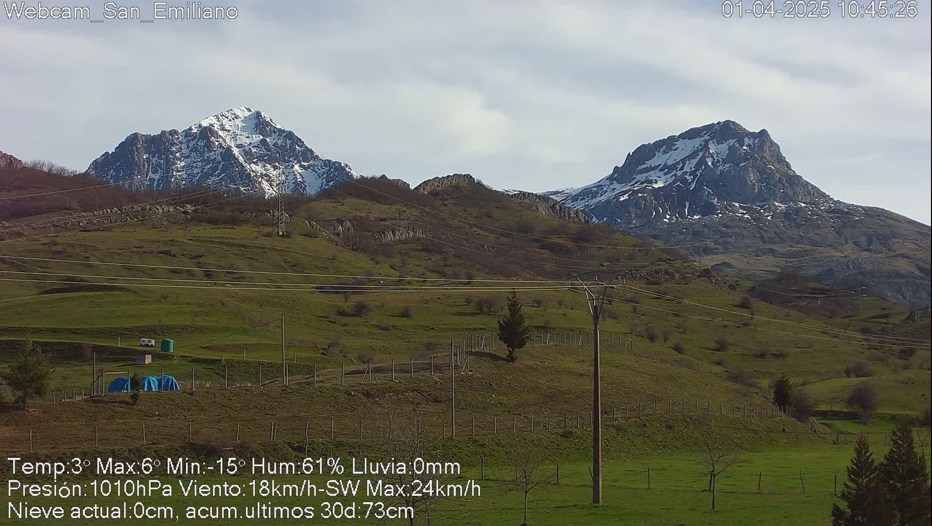 Two snow-capped mountains rise in the distance behind a gently sloping green hillside under a mostly clear sky.