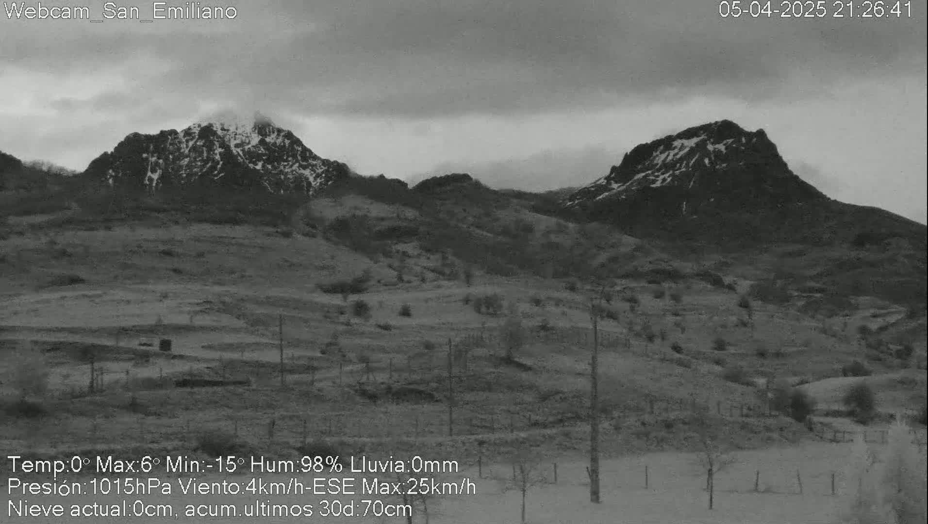 A grayscale image shows two snow-capped mountains in the distance under an overcast sky.