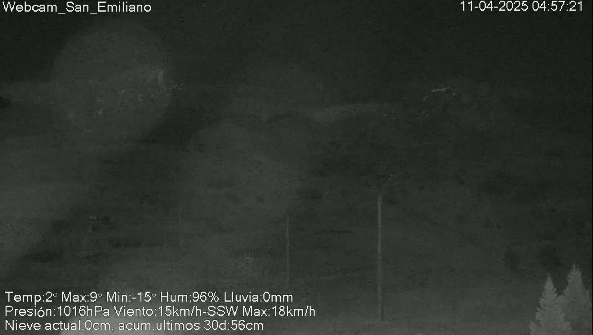 A nighttime, low-light image shows a dark, overcast sky with a few faint lights in the distance and some dark trees on the lower right.