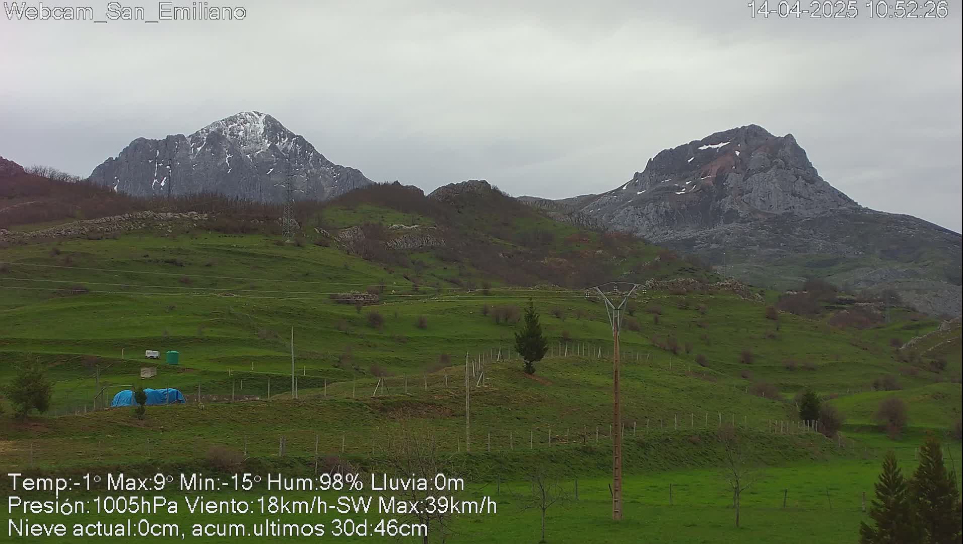 A view of snow-capped mountains and rolling green hills under an overcast sky.