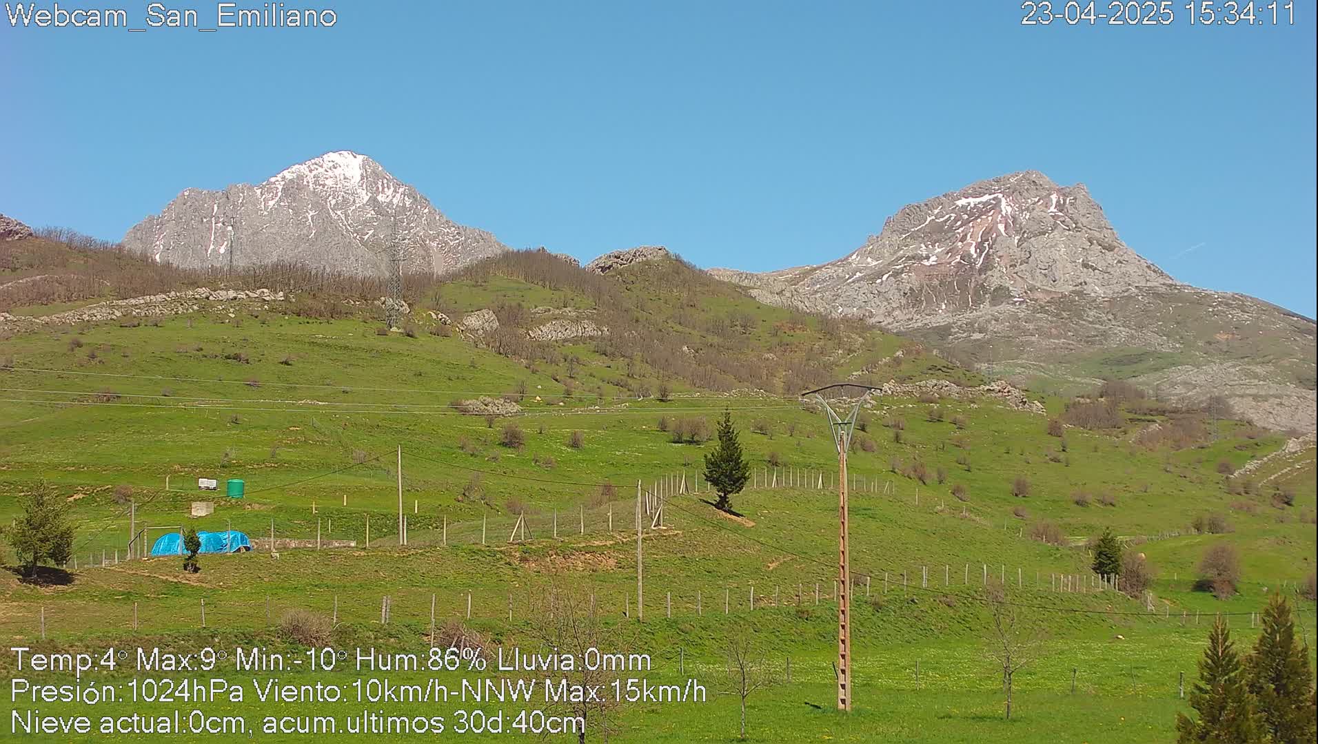 Two snow-capped mountains rise in the background of a sunny, green, hilly landscape under a clear blue sky.