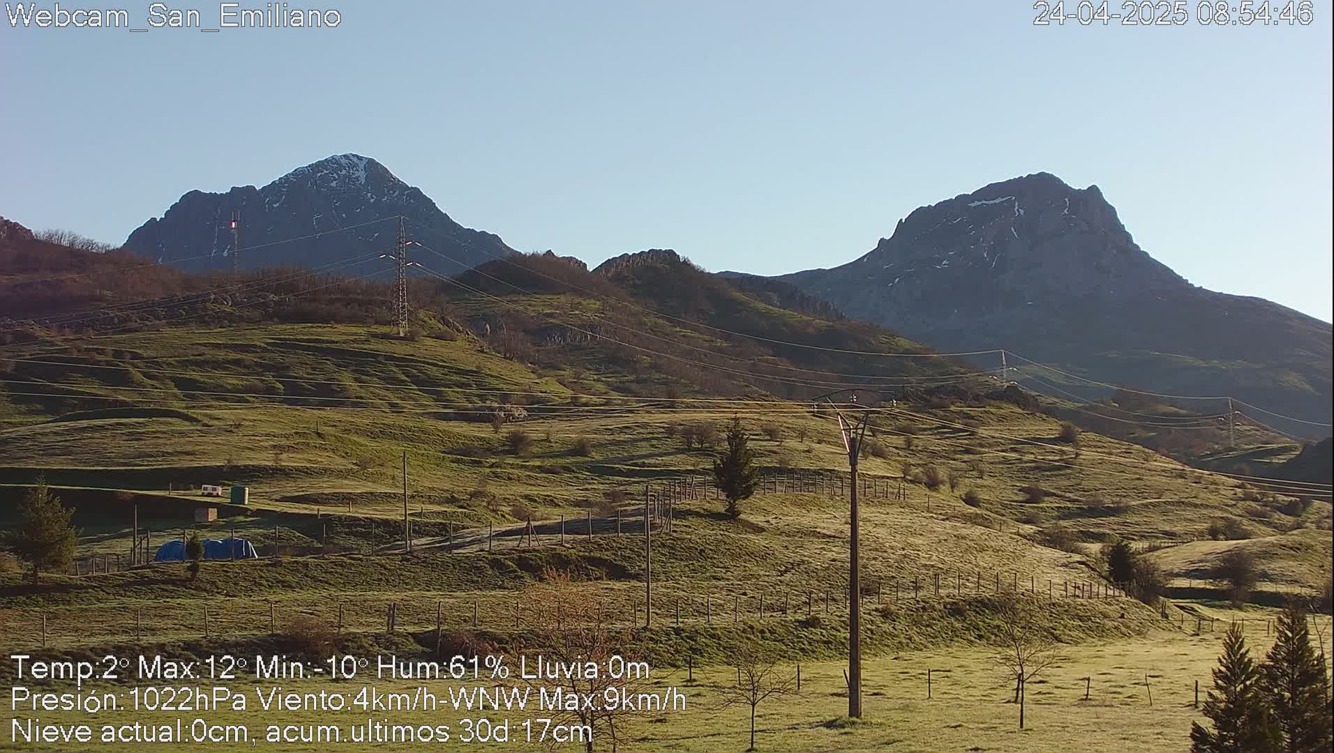Two snow-capped mountains rise in the distance above a gently sloping, green field under a clear, bright sky.