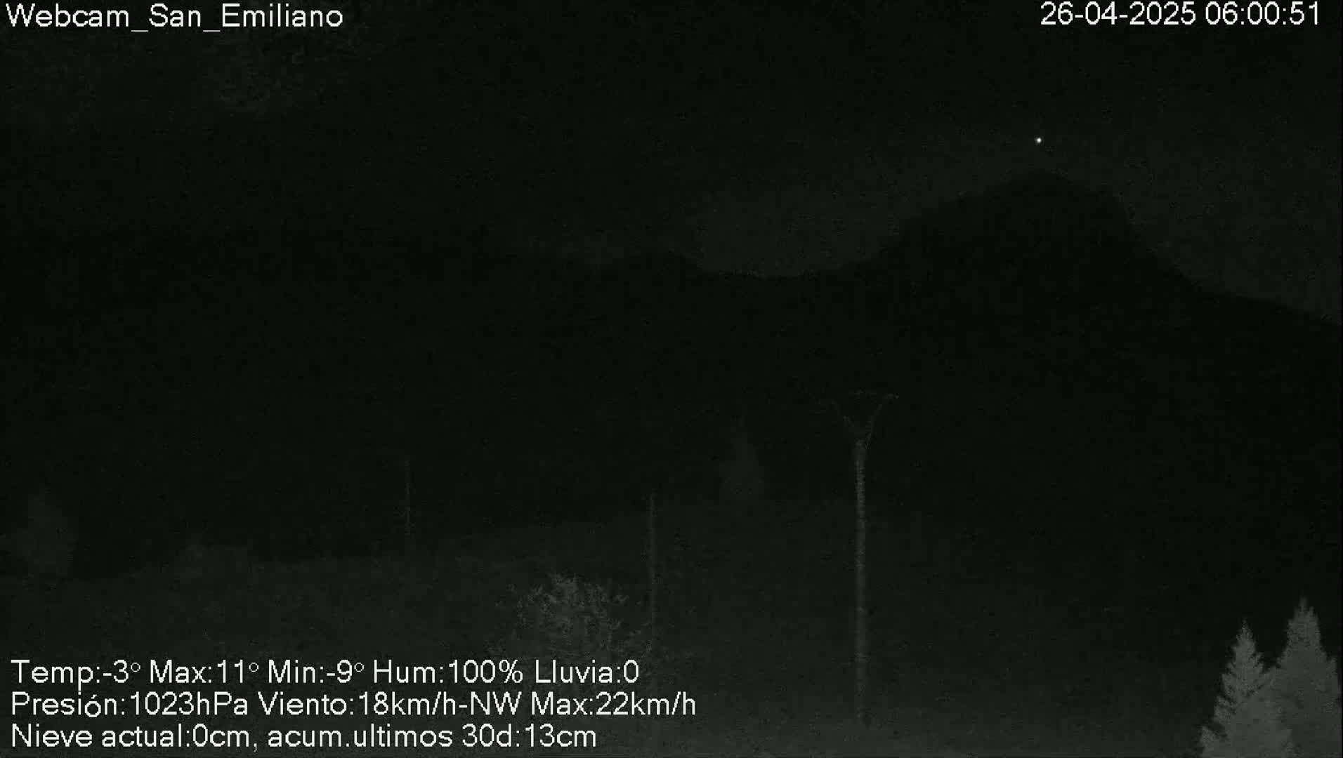 A nighttime, low-light view of a mountain range under a dark, cloudy sky with 100% humidity.