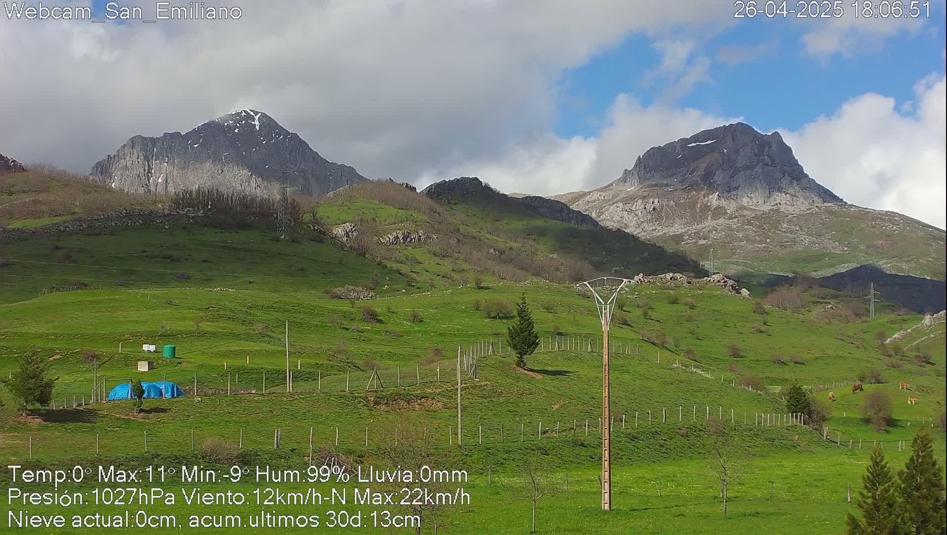 A partly cloudy day reveals green hills and mountains, some with snow-capped peaks, under a mostly cloudy sky.
