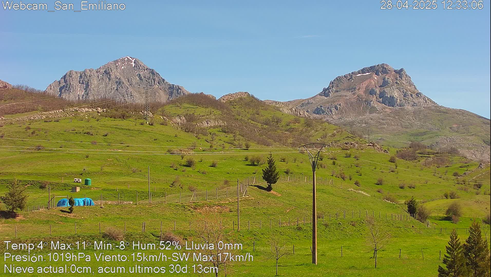 Rolling green hills and mountains with some snow on the peaks under a clear blue sky.