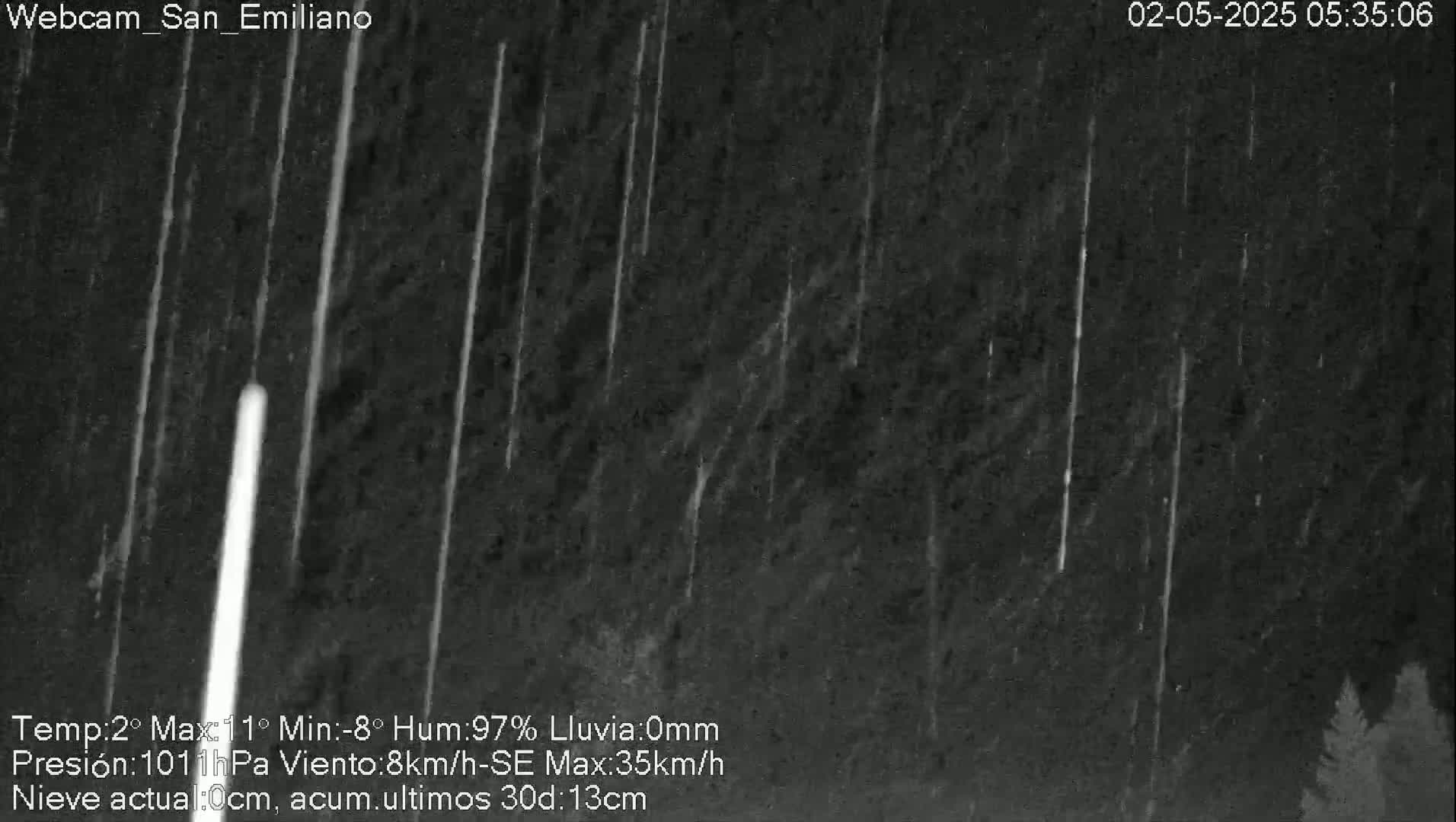 A nighttime, dark gray and black outdoor scene shows numerous streaks of white light falling against a dark background under conditions of 97% humidity, a temperature of 2°C, and an 8km/h southeast wind.
