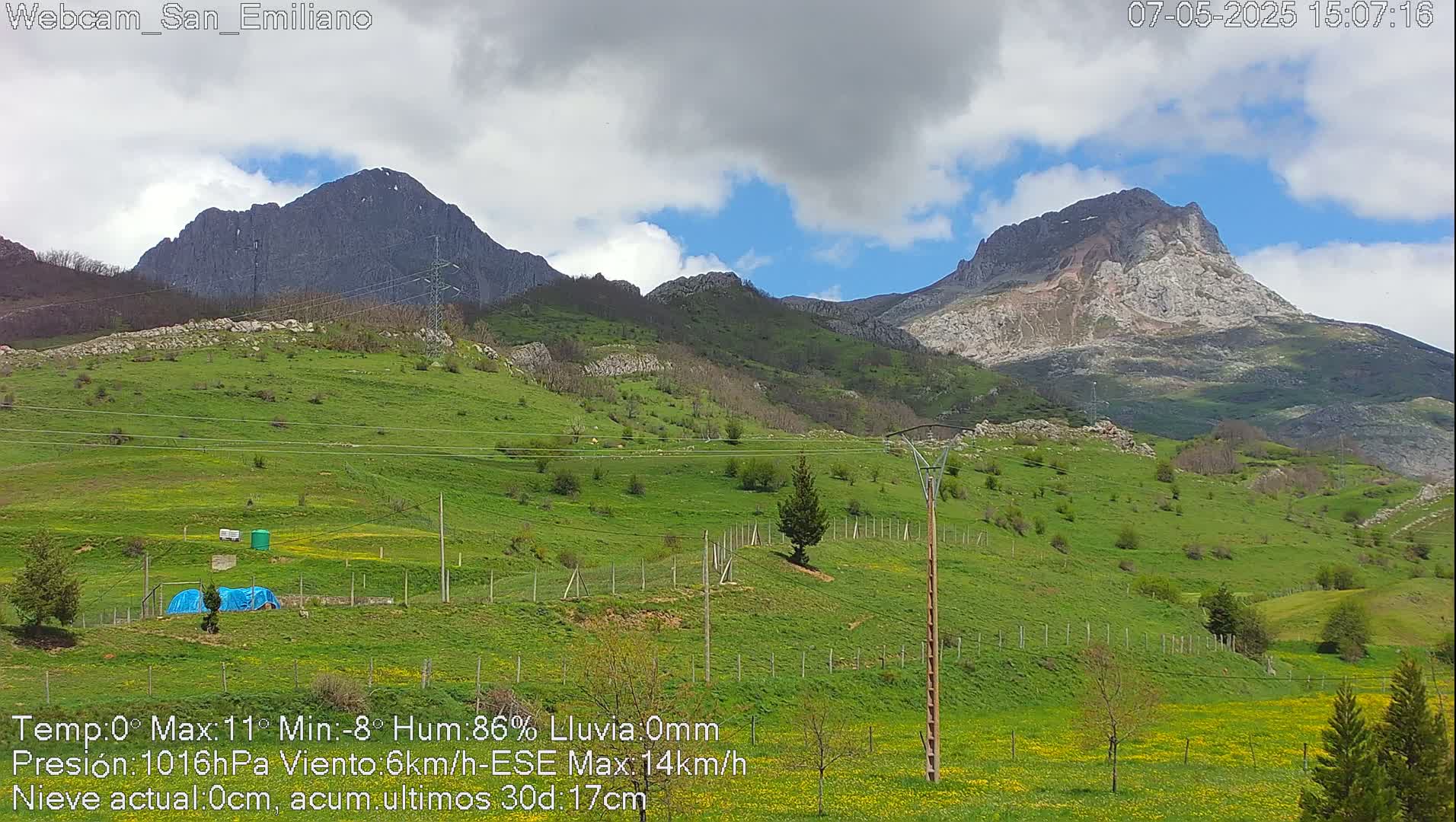 A partly cloudy day reveals rolling green hills and rocky mountains under a partly cloudy sky.