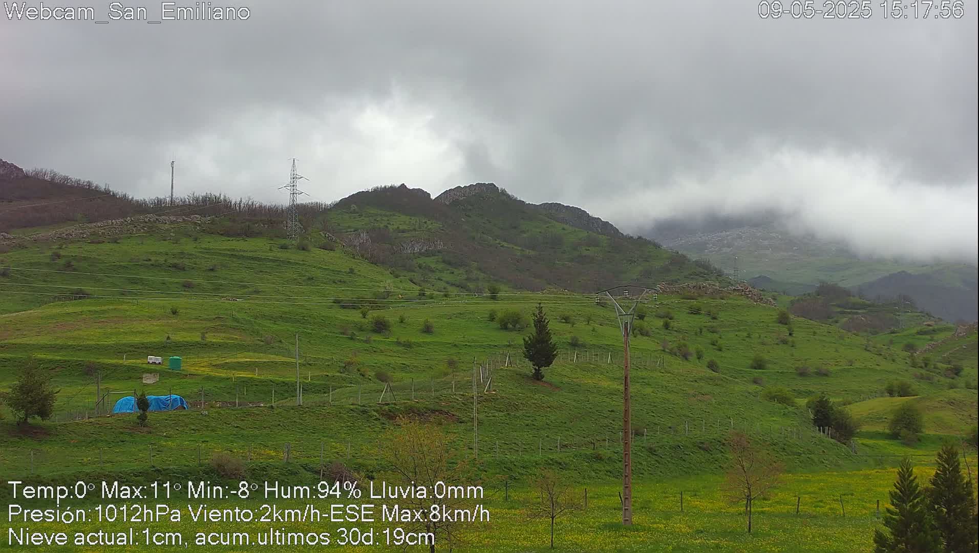 A view of rolling green hills under a cloudy, overcast sky.