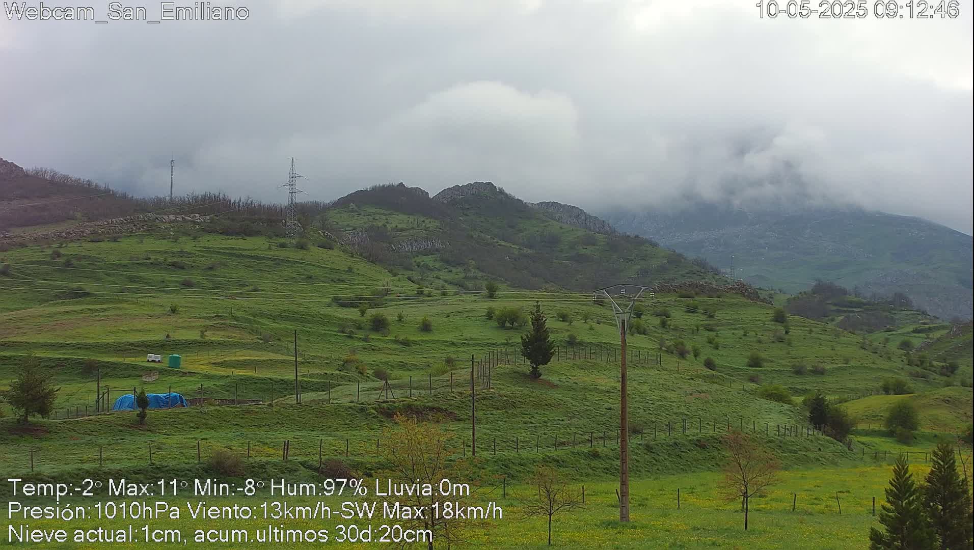 A green, hilly landscape under a cloudy, overcast sky.